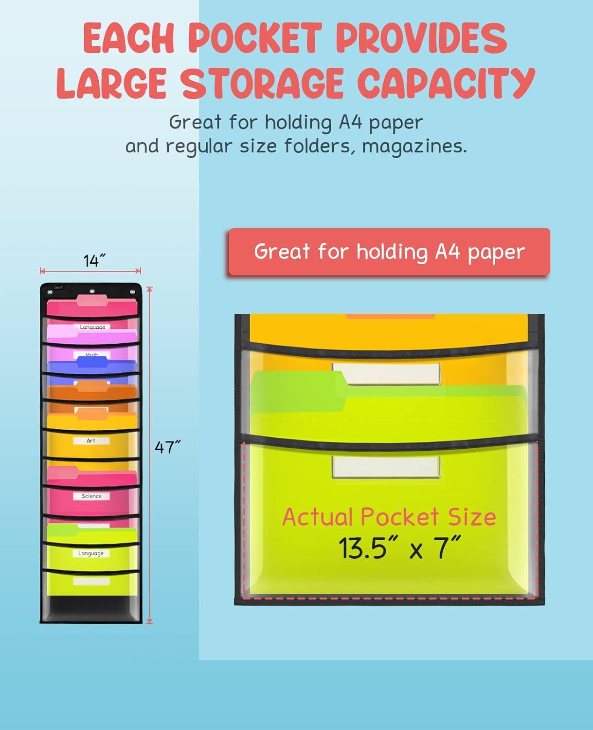 Gamenote 10 Pockets Hanging Wall File Organizer for Office and Classroom, Clear Storage Pocket Chart for Files Folder, Magazines, Papers & More, 3 Over Door Hangers & 10 Name Cards Included