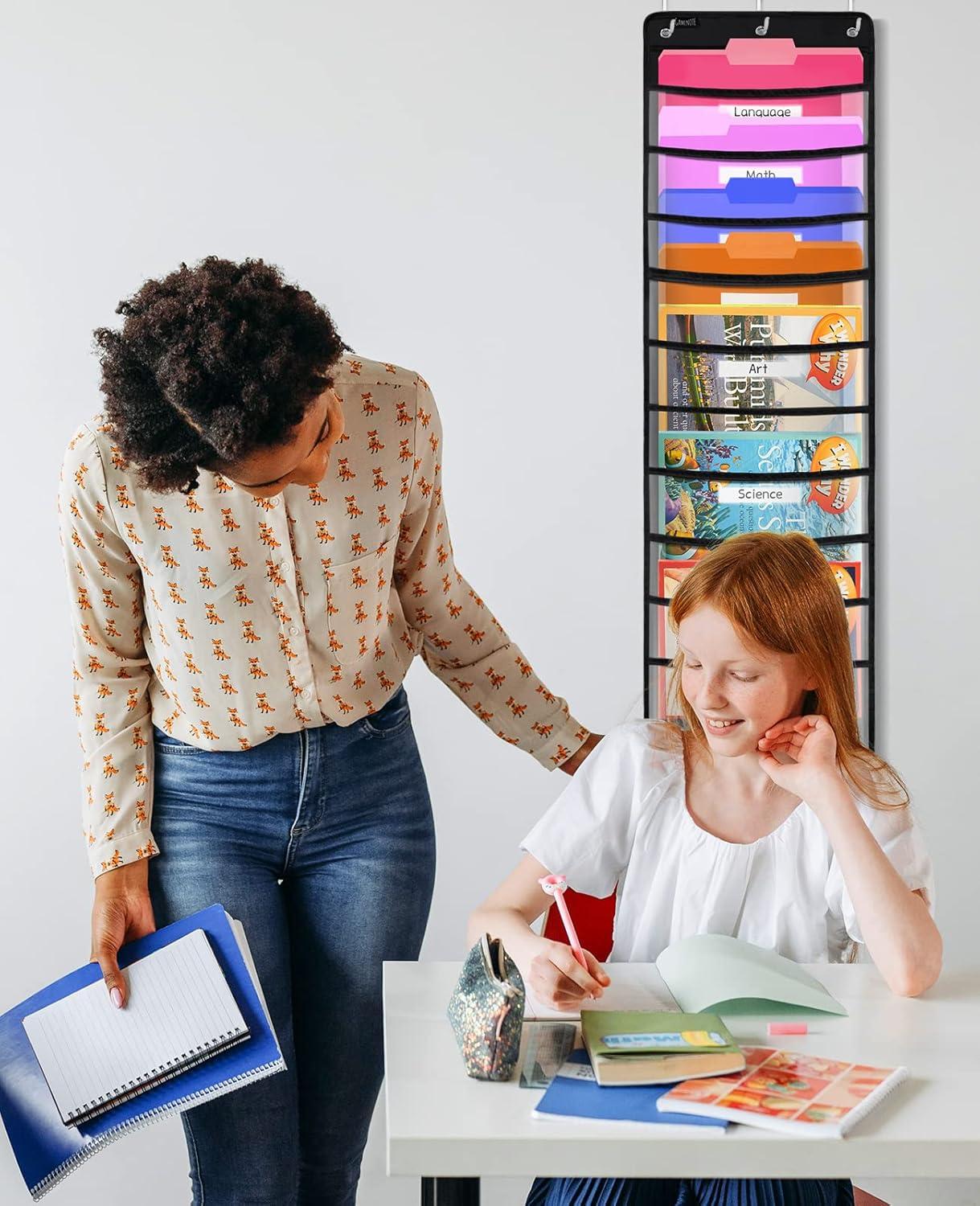 Gamenote 10 Pockets Hanging Wall File Organizer for Office and Classroom, Clear Storage Pocket Chart for Files Folder, Magazines, Papers & More, 3 Over Door Hangers & 10 Name Cards Included