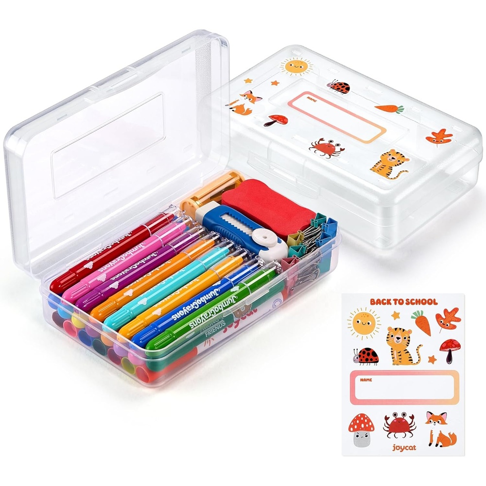 GAMENOTE Plastic Pencil Box with Personalized Sticker,Kid Hard Pencil Case with Snap-tight Lid,Small Art Craft Storage Containers,School Supplies Box for Boys,Girls (Blue)(Clear)