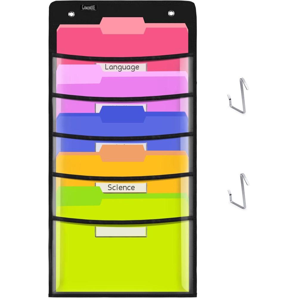 Gamenote Hanging Wall File Organizer – Clear Storage Pocket Chart Wall Files Folder with Overdoor Hangers for School Office Homeschool Activities (5 Pockets(14″ x 28″))