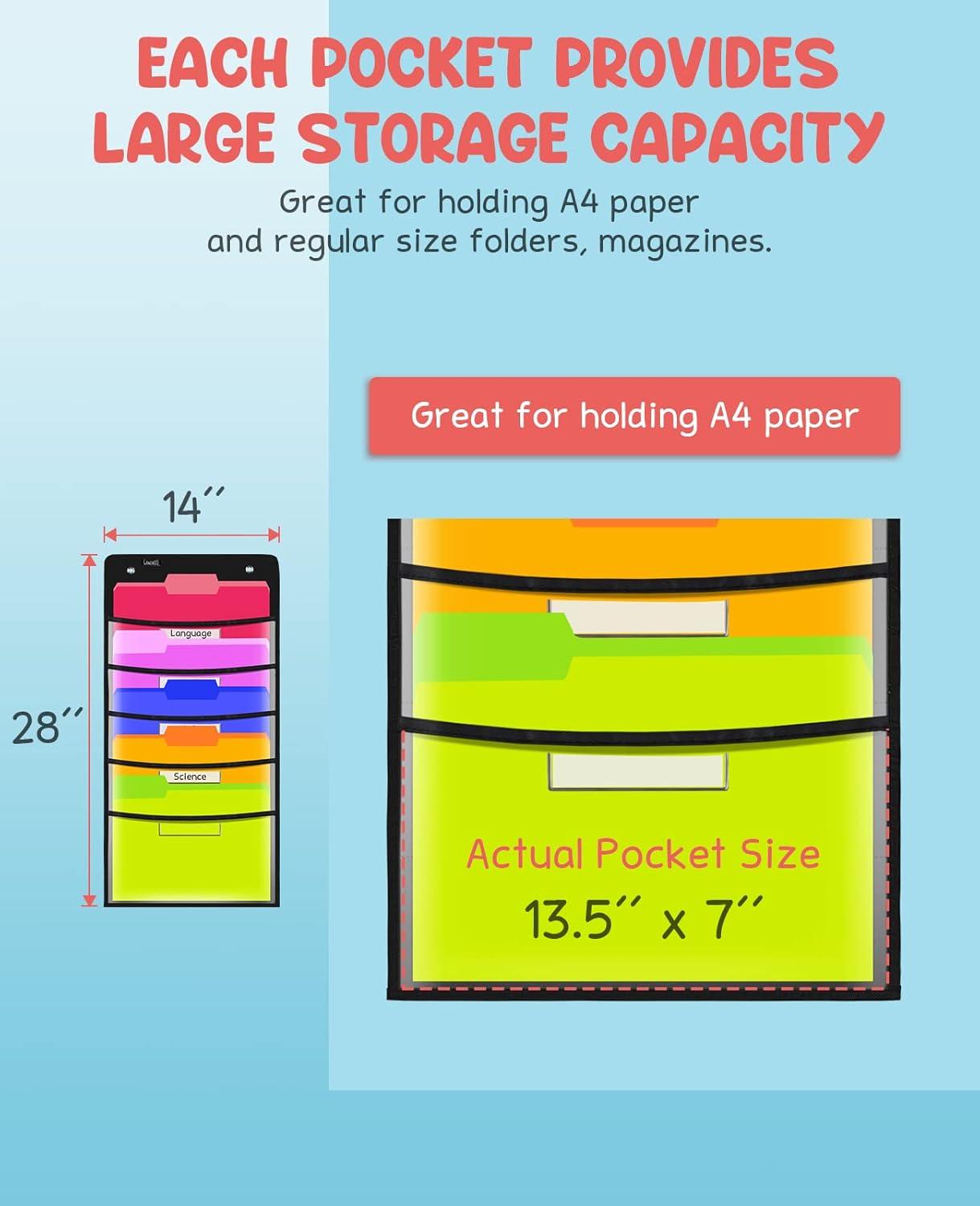 Gamenote Hanging Wall File Organizer – Clear Storage Pocket Chart Wall Files Folder with Overdoor Hangers for School Office Homeschool Activities (5 Pockets(14″ x 28″))