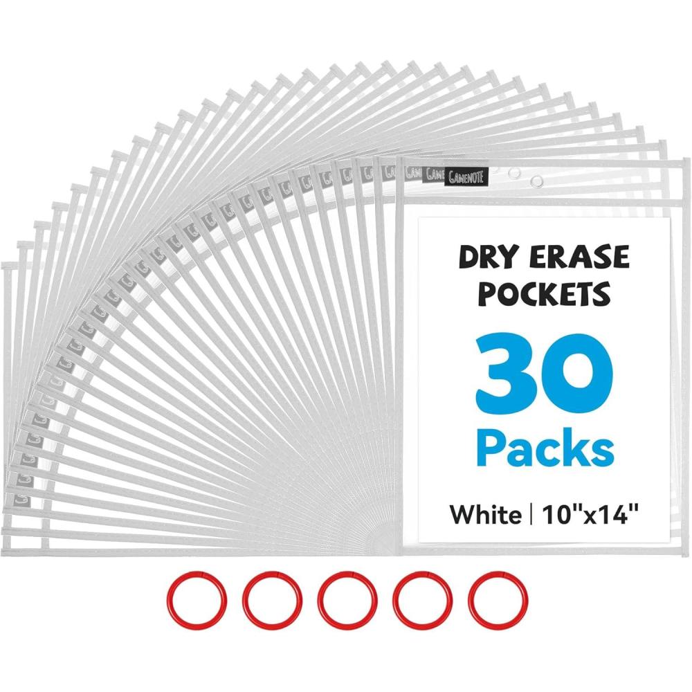 Gamenote Dry Erase Pockets 30 Pack with Rings, Oversized Reusable Plastic Sleeves Shop Ticket Holders Sheet Protectors Teacher Supplies Organization for Classroom Must Have (Black)(White)