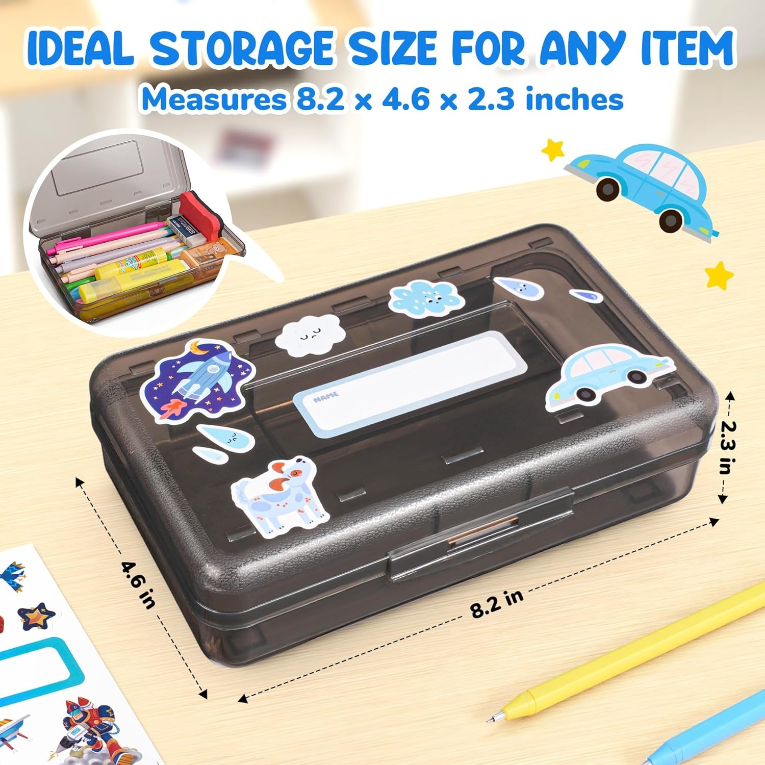 GAMENOTE Plastic Pencil Box with Personalized Sticker,Kid Hard Pencil Case with Snap-tight Lid,Small Art Craft Storage Containers,School Supplies Box for Boys,Girls (Blue)(Grey)