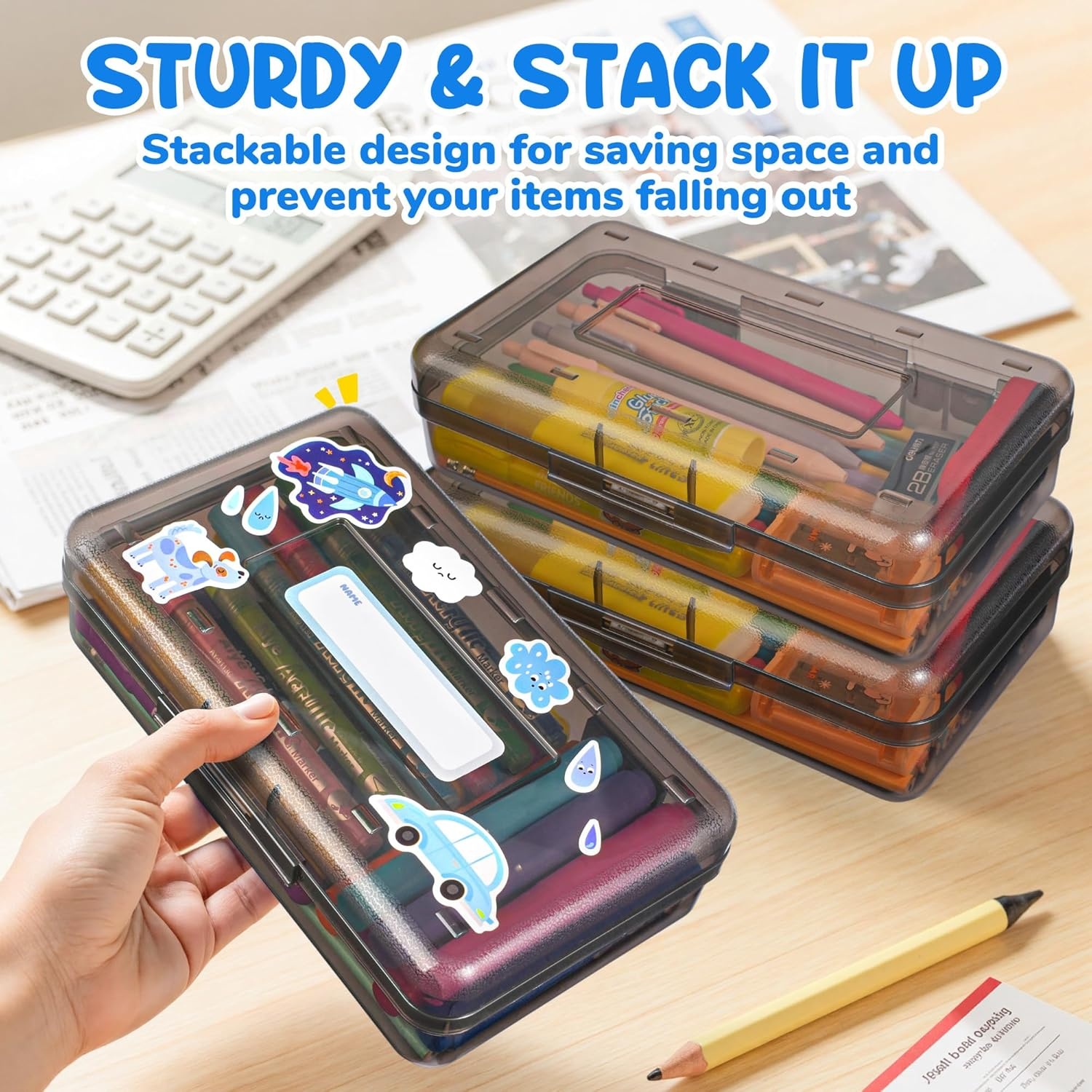 GAMENOTE Plastic Pencil Box with Personalized Sticker,Kid Hard Pencil Case with Snap-tight Lid,Small Art Craft Storage Containers,School Supplies Box for Boys,Girls (Blue)(Grey)