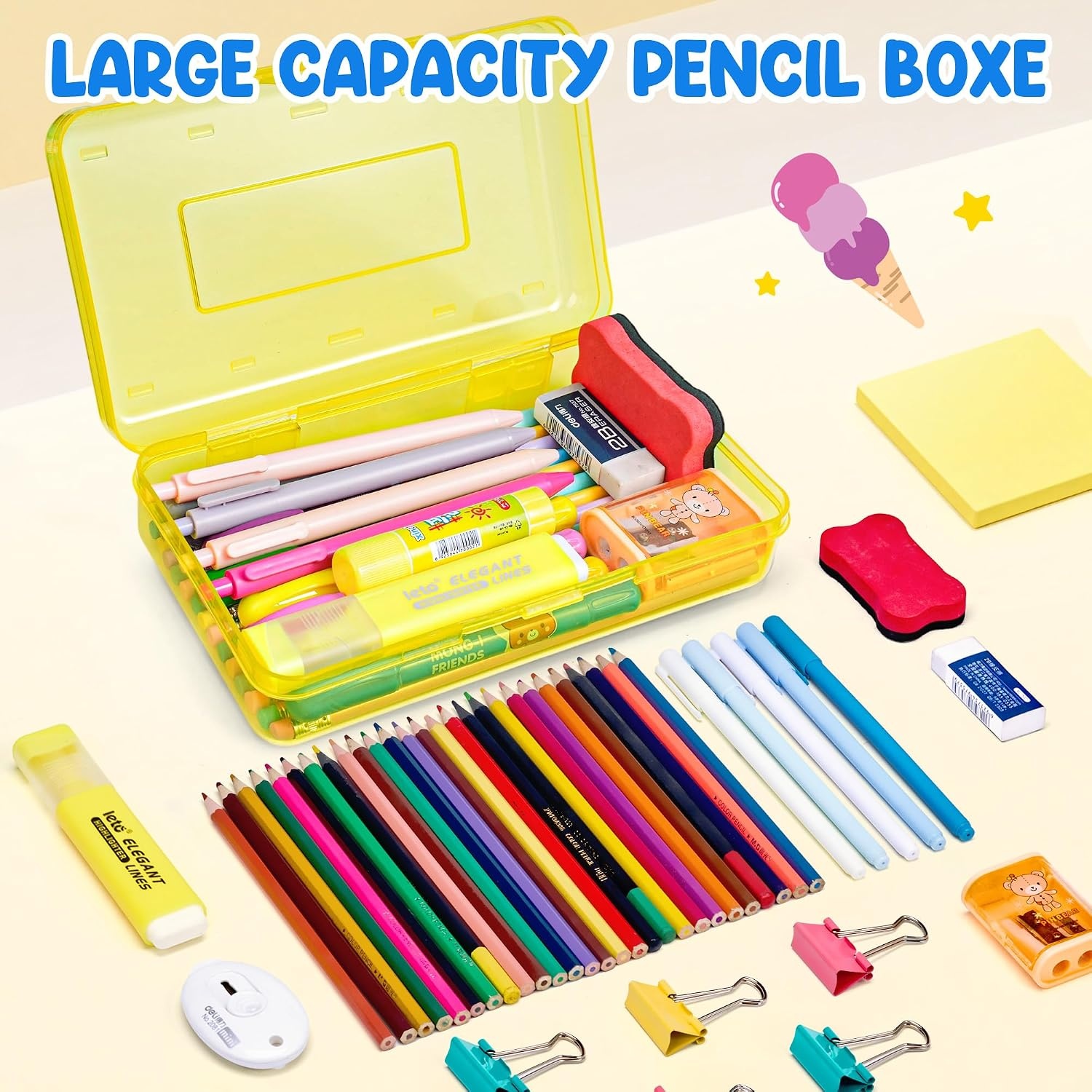GAMENOTE Plastic Pencil Box with Personalized Sticker,Kid Hard Pencil Case with Snap-tight Lid,Small Art Craft Storage Containers,School Supplies Box for Boys,Girls ((Blue/Green/Pink) 3Pack)(Yellow)