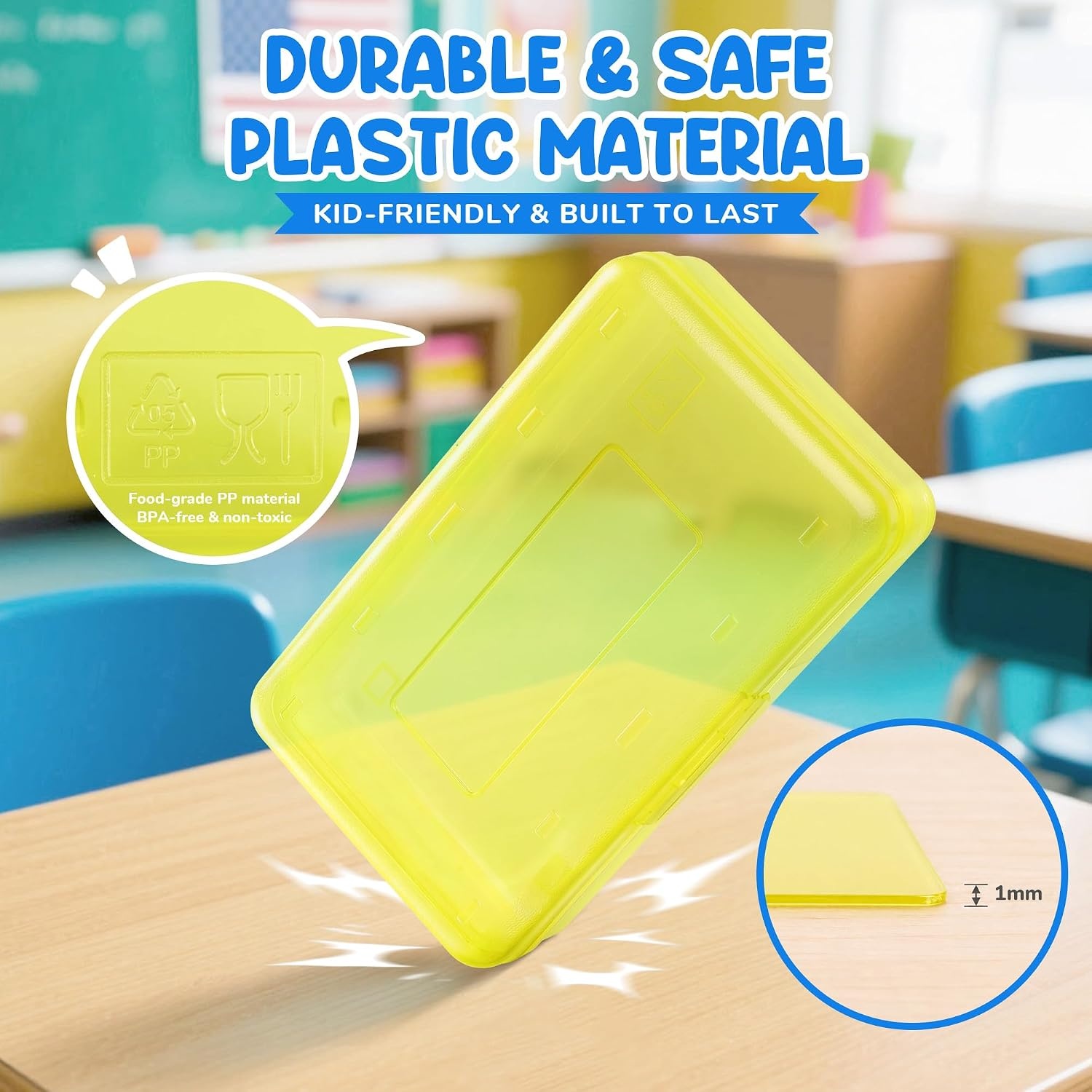 GAMENOTE Plastic Pencil Box with Personalized Sticker,Kid Hard Pencil Case with Snap-tight Lid,Small Art Craft Storage Containers,School Supplies Box for Boys,Girls ((Blue/Green/Pink) 3Pack)(Yellow)