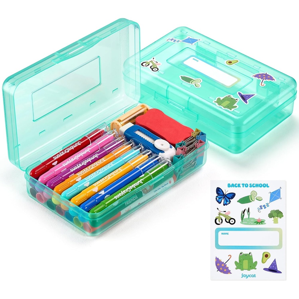 GAMENOTE Plastic Pencil Box with Personalized Sticker,Kid Hard Pencil Case with Snap-tight Lid,Small Art Craft Storage Containers,School Supplies Box for Boys,Girls ((Blue/Green/Pink) 3Pack)(Turquoise)