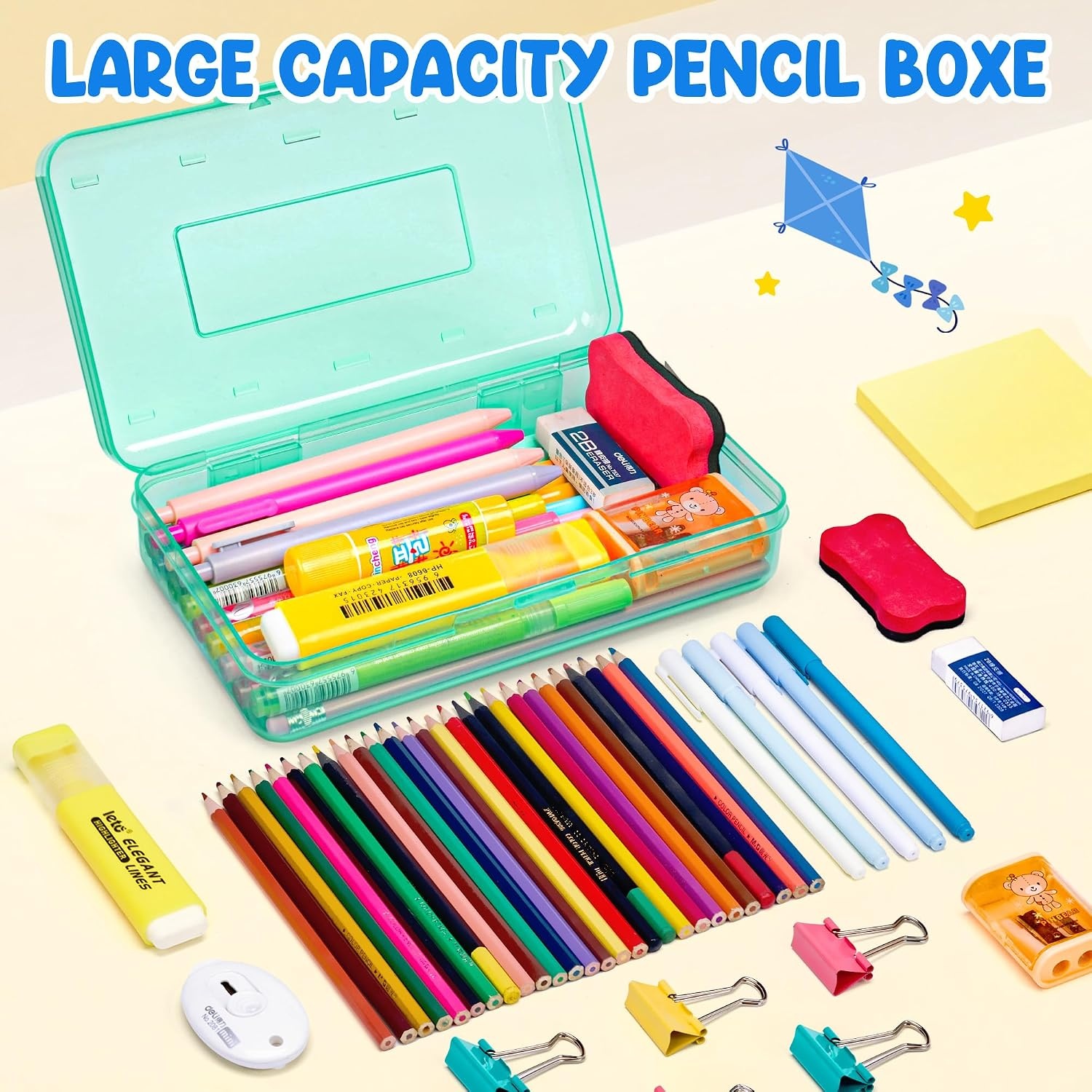 GAMENOTE Plastic Pencil Box with Personalized Sticker,Kid Hard Pencil Case with Snap-tight Lid,Small Art Craft Storage Containers,School Supplies Box for Boys,Girls ((Blue/Green/Pink) 3Pack)(Turquoise)
