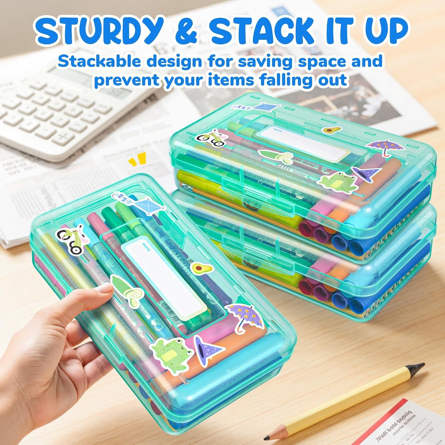 GAMENOTE Plastic Pencil Box with Personalized Sticker,Kid Hard Pencil Case with Snap-tight Lid,Small Art Craft Storage Containers,School Supplies Box for Boys,Girls ((Blue/Green/Pink) 3Pack)(Turquoise)