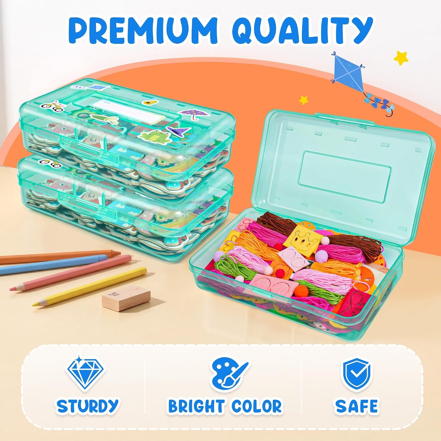 GAMENOTE Plastic Pencil Box with Personalized Sticker,Kid Hard Pencil Case with Snap-tight Lid,Small Art Craft Storage Containers,School Supplies Box for Boys,Girls ((Blue/Green/Pink) 3Pack)(Turquoise)