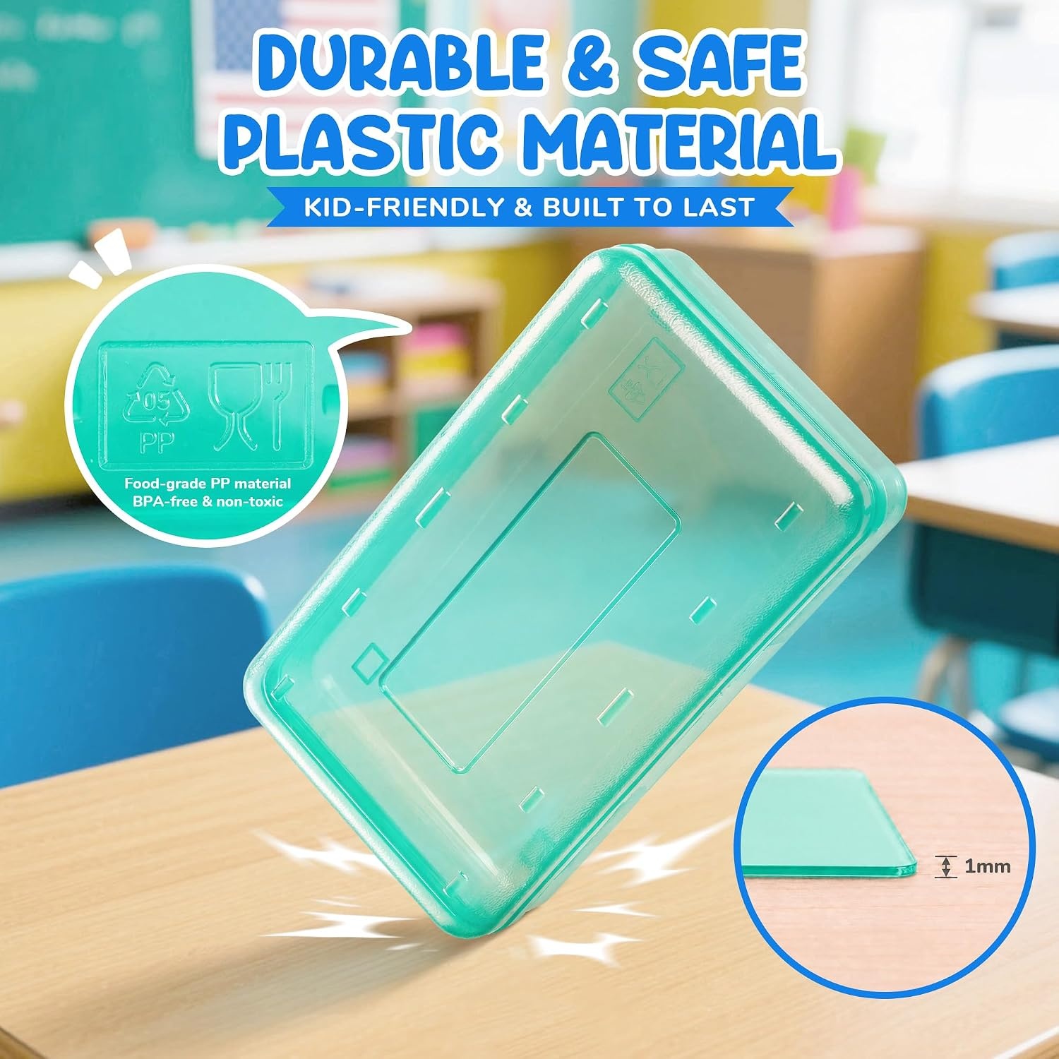 GAMENOTE Plastic Pencil Box with Personalized Sticker,Kid Hard Pencil Case with Snap-tight Lid,Small Art Craft Storage Containers,School Supplies Box for Boys,Girls ((Blue/Green/Pink) 3Pack)(Turquoise)