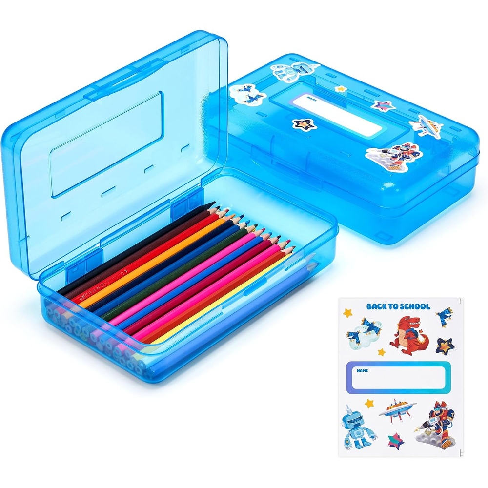GAMENOTE Plastic Pencil Box with Personalized Sticker,Kid Hard Pencil Case with Snap-tight Lid,Small Art Craft Storage Containers,School Supplies Box for Boys,Girls ((Blue/Green/Pink) 3Pack)(Blue)