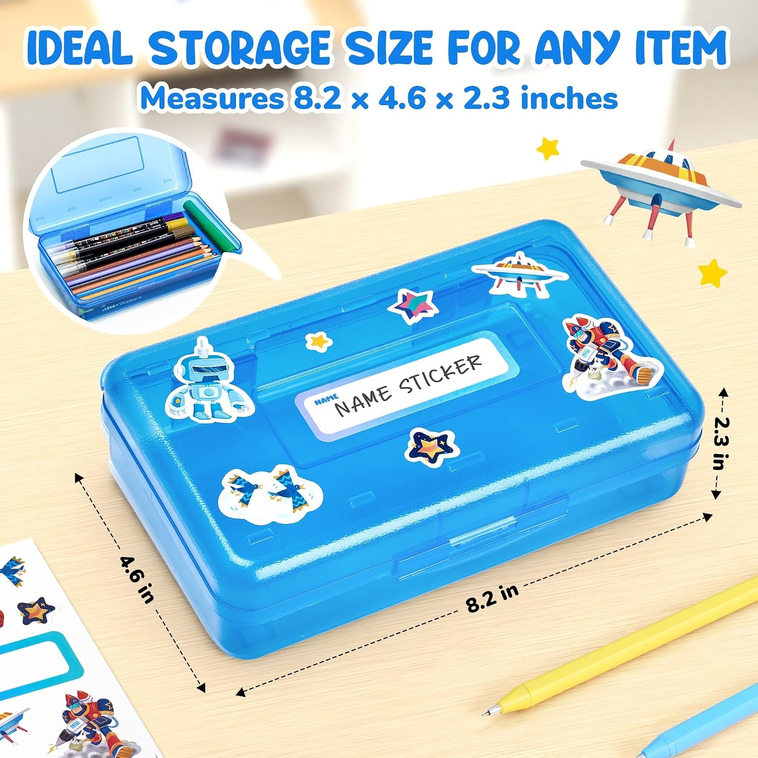 GAMENOTE Plastic Pencil Box with Personalized Sticker,Kid Hard Pencil Case with Snap-tight Lid,Small Art Craft Storage Containers,School Supplies Box for Boys,Girls ((Blue/Green/Pink) 3Pack)(Blue)