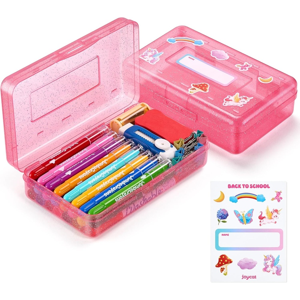 GAMENOTE Plastic Pencil Box with Personalized Sticker,Kid Hard Pencil Case with Snap-tight Lid,Small Art Craft Storage Containers,School Supplies Box for Boys,Girls (Blue)(Glitter Pink)
