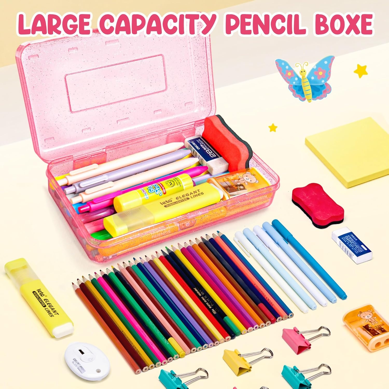 GAMENOTE Plastic Pencil Box with Personalized Sticker,Kid Hard Pencil Case with Snap-tight Lid,Small Art Craft Storage Containers,School Supplies Box for Boys,Girls (Blue)(Glitter Pink)