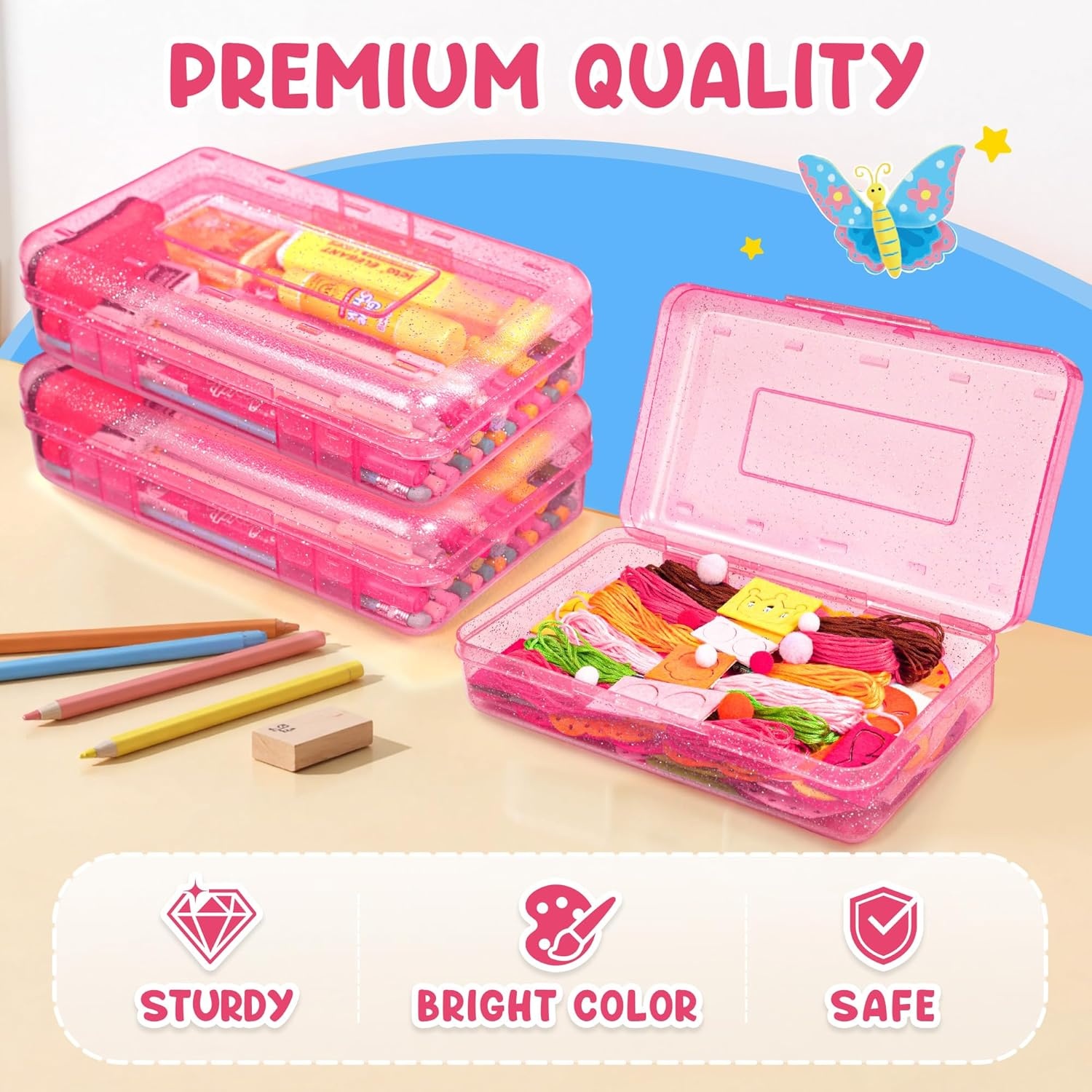 GAMENOTE Plastic Pencil Box with Personalized Sticker,Kid Hard Pencil Case with Snap-tight Lid,Small Art Craft Storage Containers,School Supplies Box for Boys,Girls (Blue)(Glitter Pink)