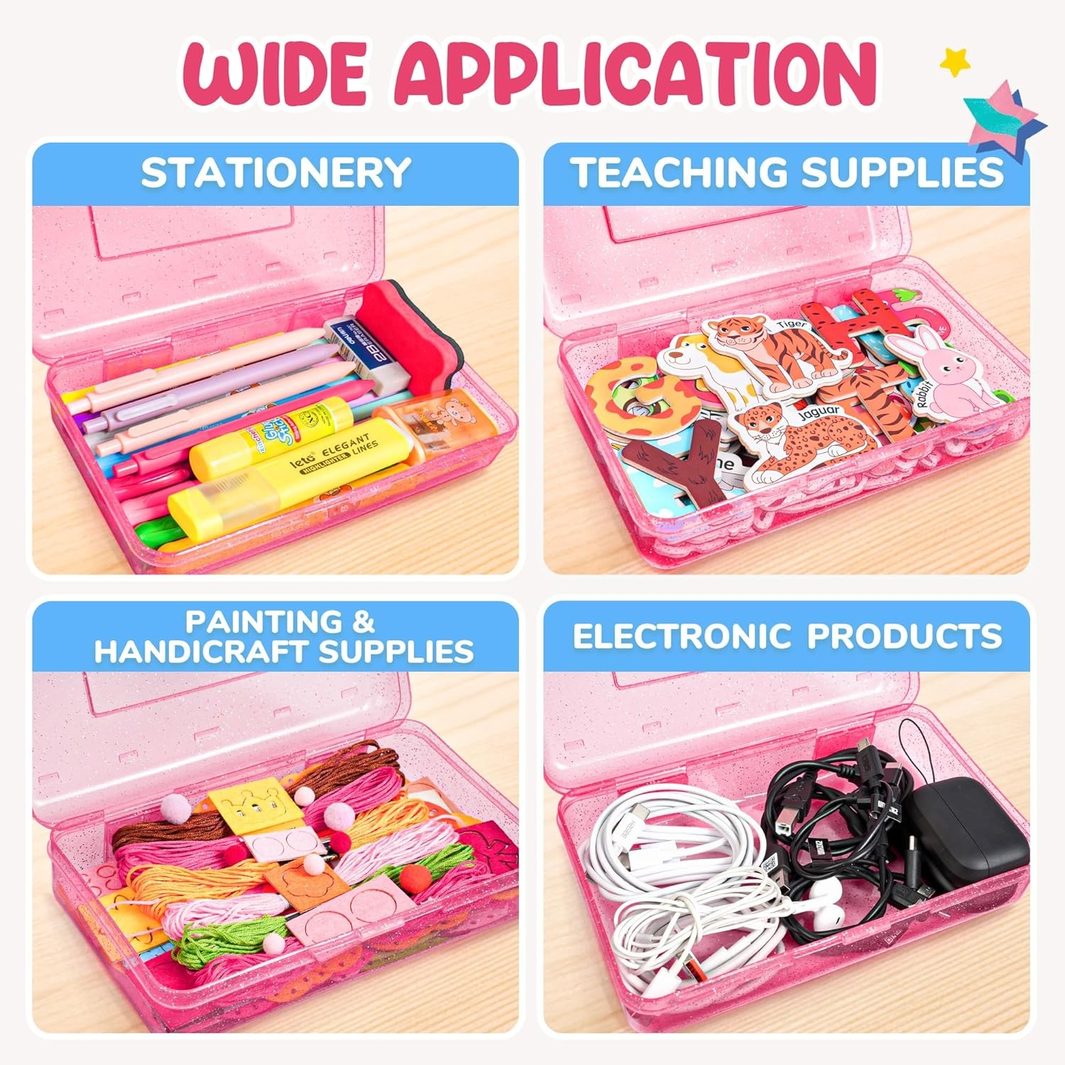 GAMENOTE Plastic Pencil Box with Personalized Sticker,Kid Hard Pencil Case with Snap-tight Lid,Small Art Craft Storage Containers,School Supplies Box for Boys,Girls (Blue)(Glitter Pink)