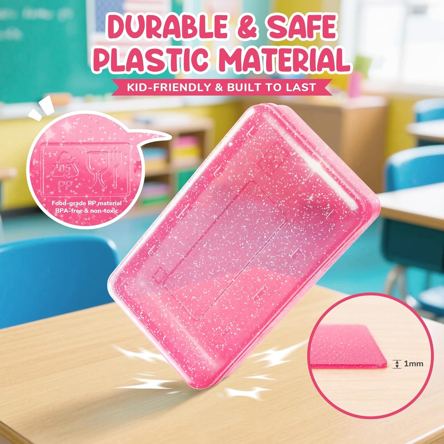 GAMENOTE Plastic Pencil Box with Personalized Sticker,Kid Hard Pencil Case with Snap-tight Lid,Small Art Craft Storage Containers,School Supplies Box for Boys,Girls (Blue)(Glitter Pink)