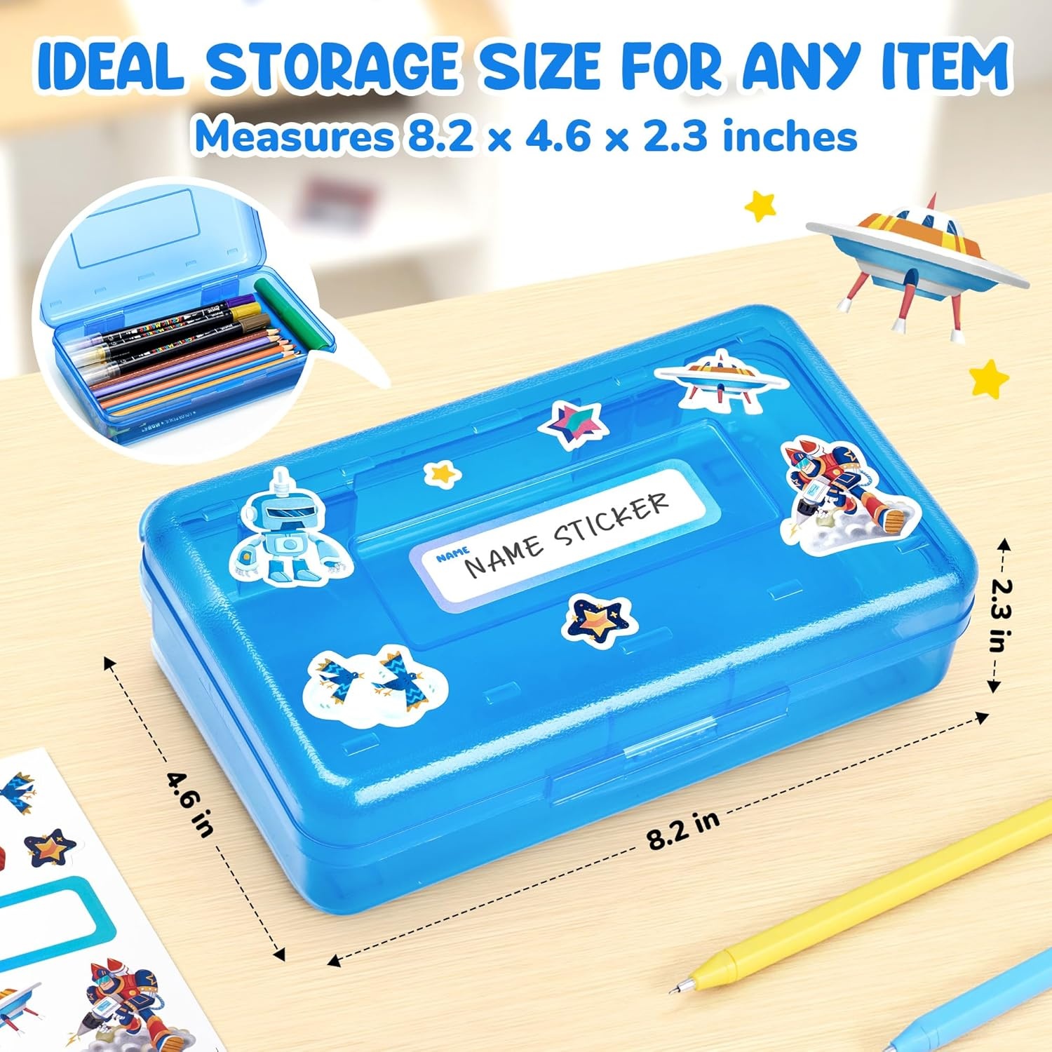 GAMENOTE Plastic Pencil Box with Personalized Sticker,Kid Hard Pencil Case with Snap-tight Lid,Small Art Craft Storage Containers,School Supplies Box for Boys,Girls (Blue)(Blue)