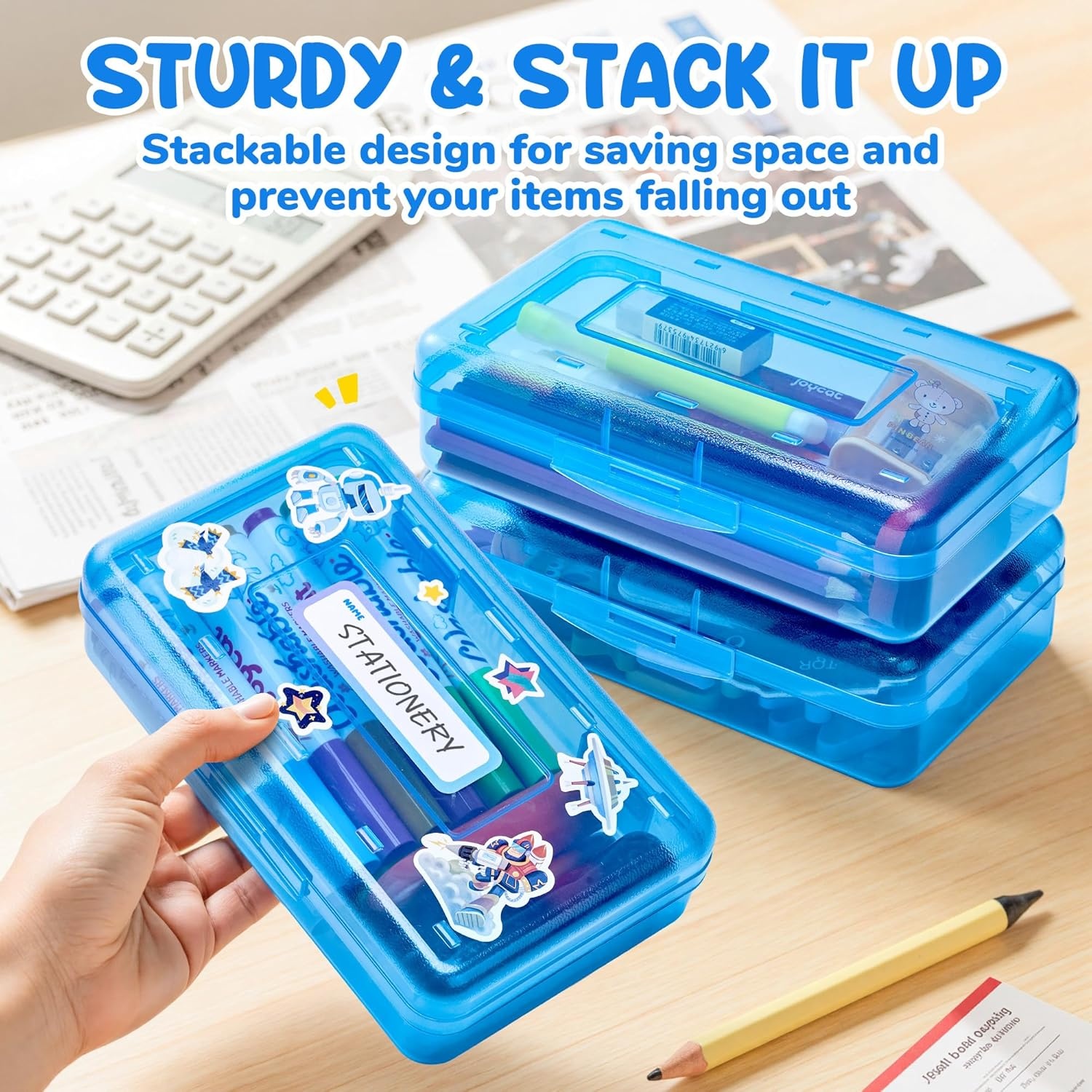 GAMENOTE Plastic Pencil Box with Personalized Sticker,Kid Hard Pencil Case with Snap-tight Lid,Small Art Craft Storage Containers,School Supplies Box for Boys,Girls (Blue)(Blue)