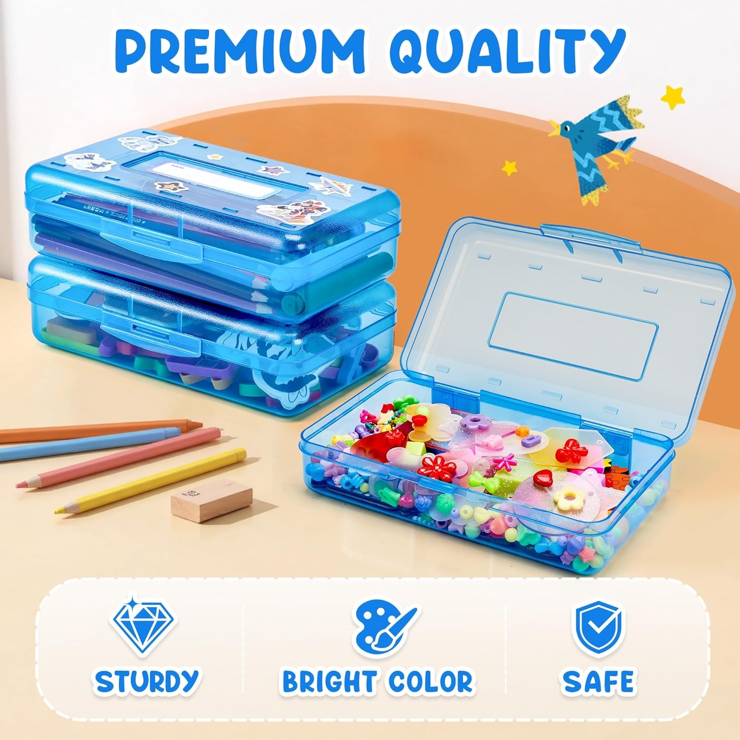 GAMENOTE Plastic Pencil Box with Personalized Sticker,Kid Hard Pencil Case with Snap-tight Lid,Small Art Craft Storage Containers,School Supplies Box for Boys,Girls (Blue)(Blue)