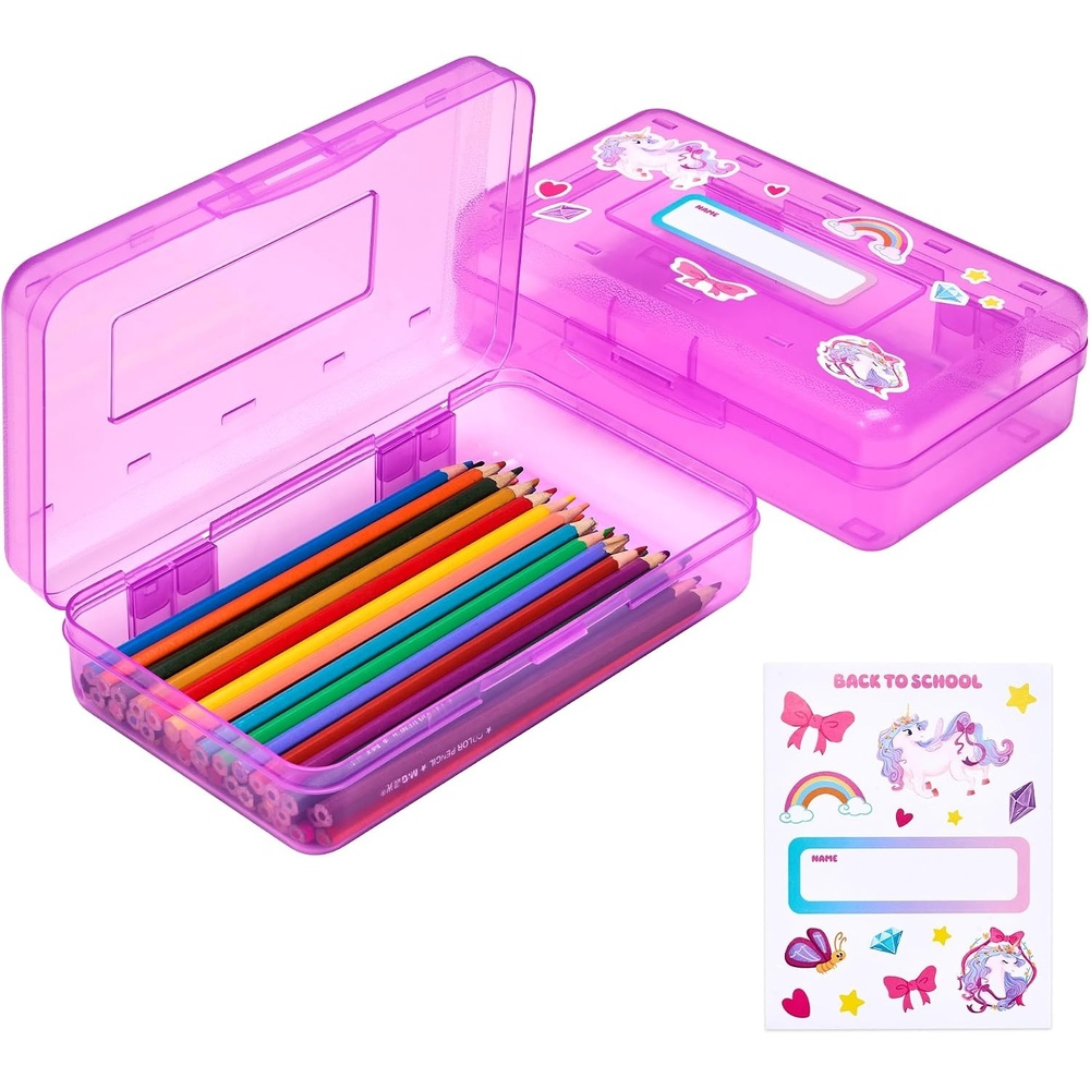 GAMENOTE Plastic Pencil Box with Personalized Sticker,Kid Hard Pencil Case with Snap-tight Lid,Small Art Craft Storage Containers,School Supplies Box for Boys,Girls ((Blue/Green/Pink) 3Pack)(Purple)