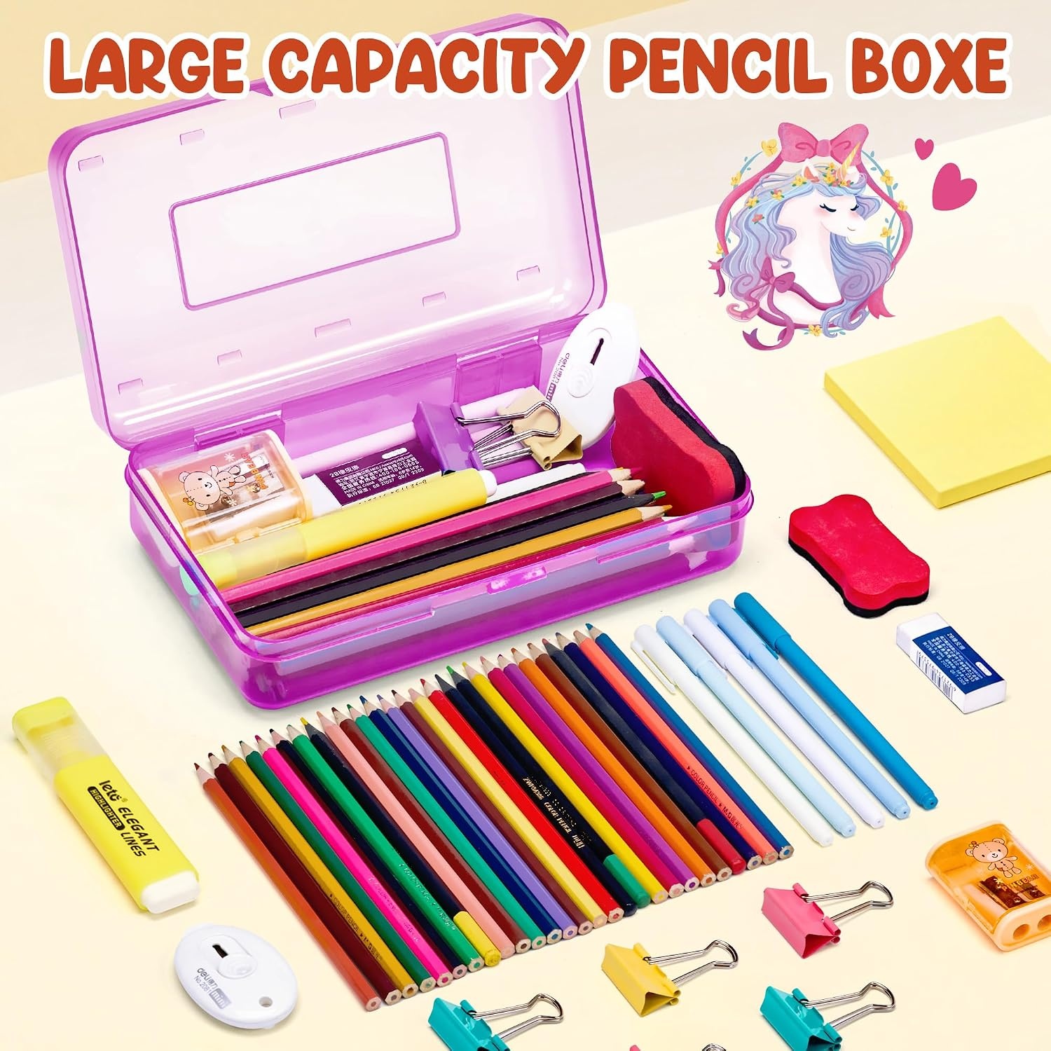 GAMENOTE Plastic Pencil Box with Personalized Sticker,Kid Hard Pencil Case with Snap-tight Lid,Small Art Craft Storage Containers,School Supplies Box for Boys,Girls ((Blue/Green/Pink) 3Pack)(Purple)