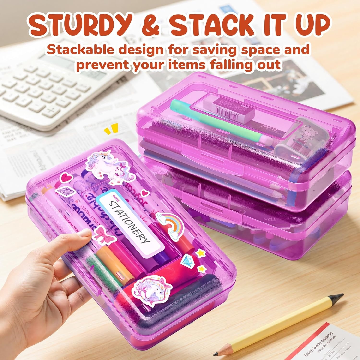 GAMENOTE Plastic Pencil Box with Personalized Sticker,Kid Hard Pencil Case with Snap-tight Lid,Small Art Craft Storage Containers,School Supplies Box for Boys,Girls ((Blue/Green/Pink) 3Pack)(Purple)