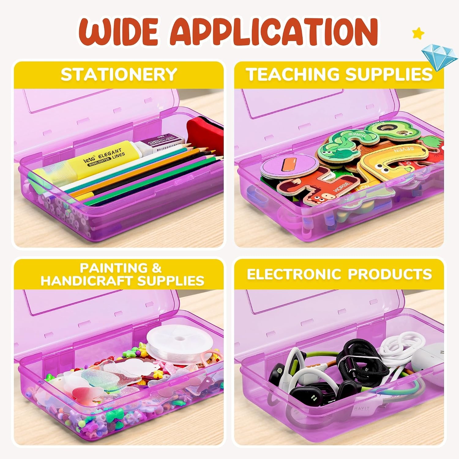 GAMENOTE Plastic Pencil Box with Personalized Sticker,Kid Hard Pencil Case with Snap-tight Lid,Small Art Craft Storage Containers,School Supplies Box for Boys,Girls ((Blue/Green/Pink) 3Pack)(Purple)