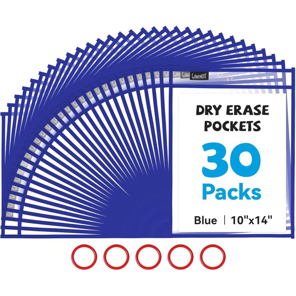 Gamenote Dry Erase Pockets 30 Pack with Rings, Oversized Reusable Plastic Sleeves Shop Ticket Holders Sheet Protectors Teacher Supplies Organization for Classroom Must Have (Black)(Blue)