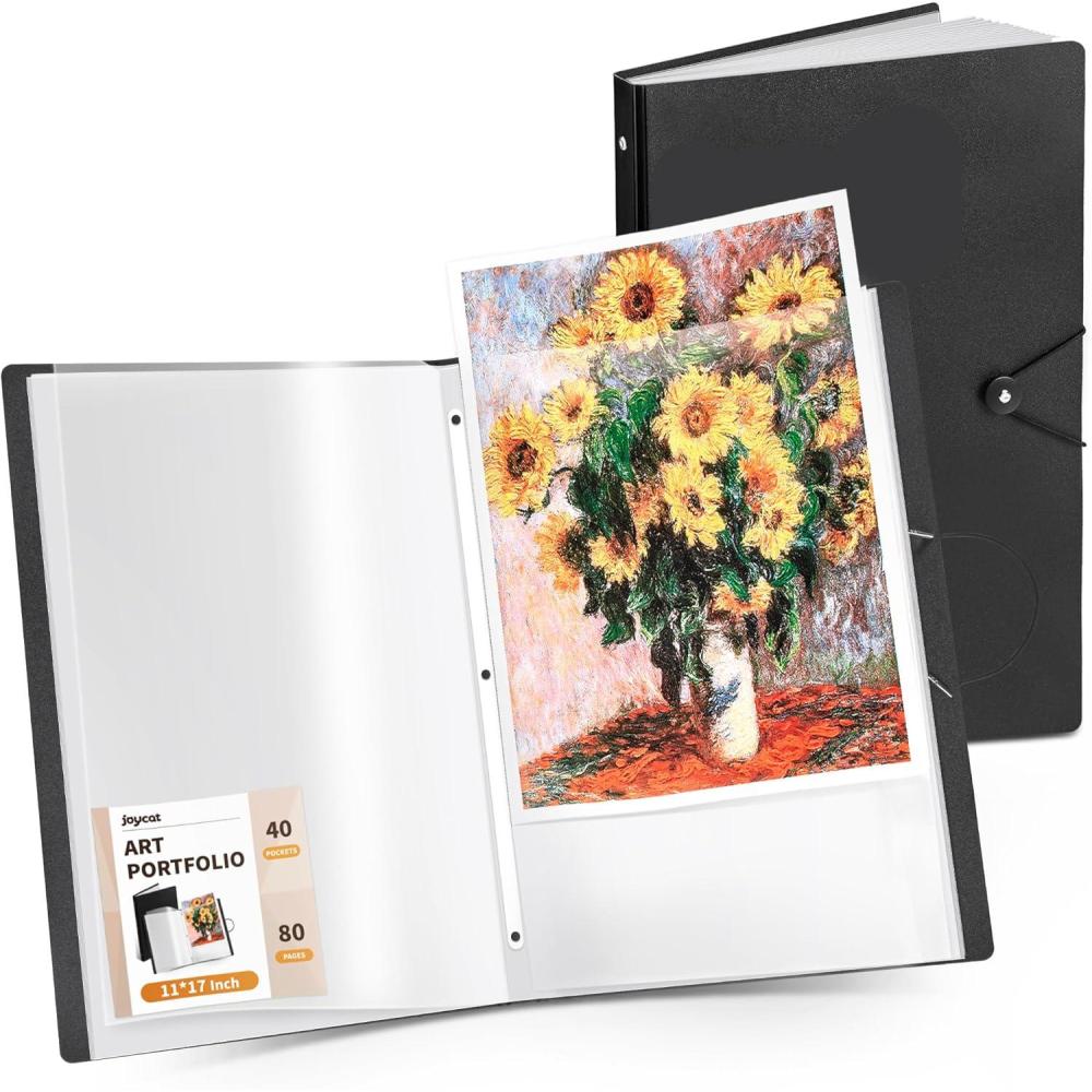 JoyCat Art Portfolio Binder 11″x17″,40 Pockets Art Folder with Clear View Pages, 80 Sheets Presentation Binder for Artists and Students (Black)(11×17 inch)