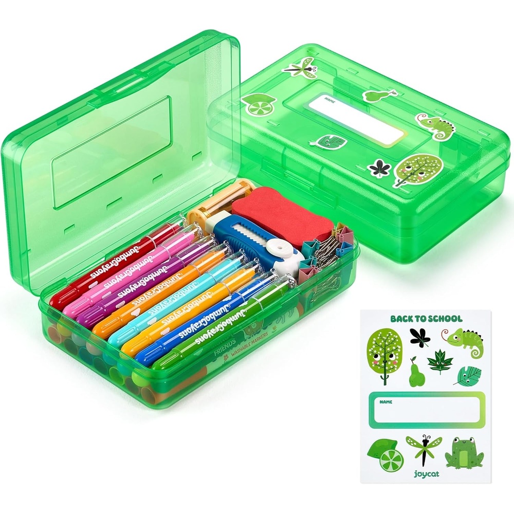 GAMENOTE Plastic Pencil Box with Personalized Sticker,Kid Hard Pencil Case with Snap-tight Lid,Small Art Craft Storage Containers,School Supplies Box for Boys,Girls (Blue)(Green)