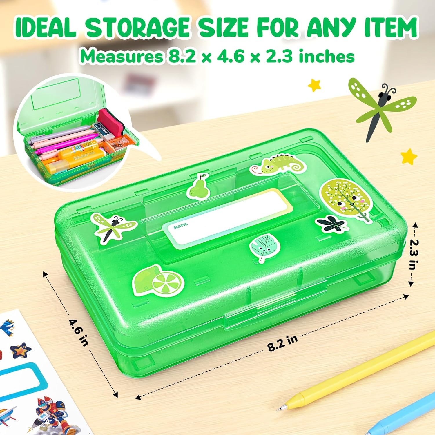 GAMENOTE Plastic Pencil Box with Personalized Sticker,Kid Hard Pencil Case with Snap-tight Lid,Small Art Craft Storage Containers,School Supplies Box for Boys,Girls (Blue)(Green)