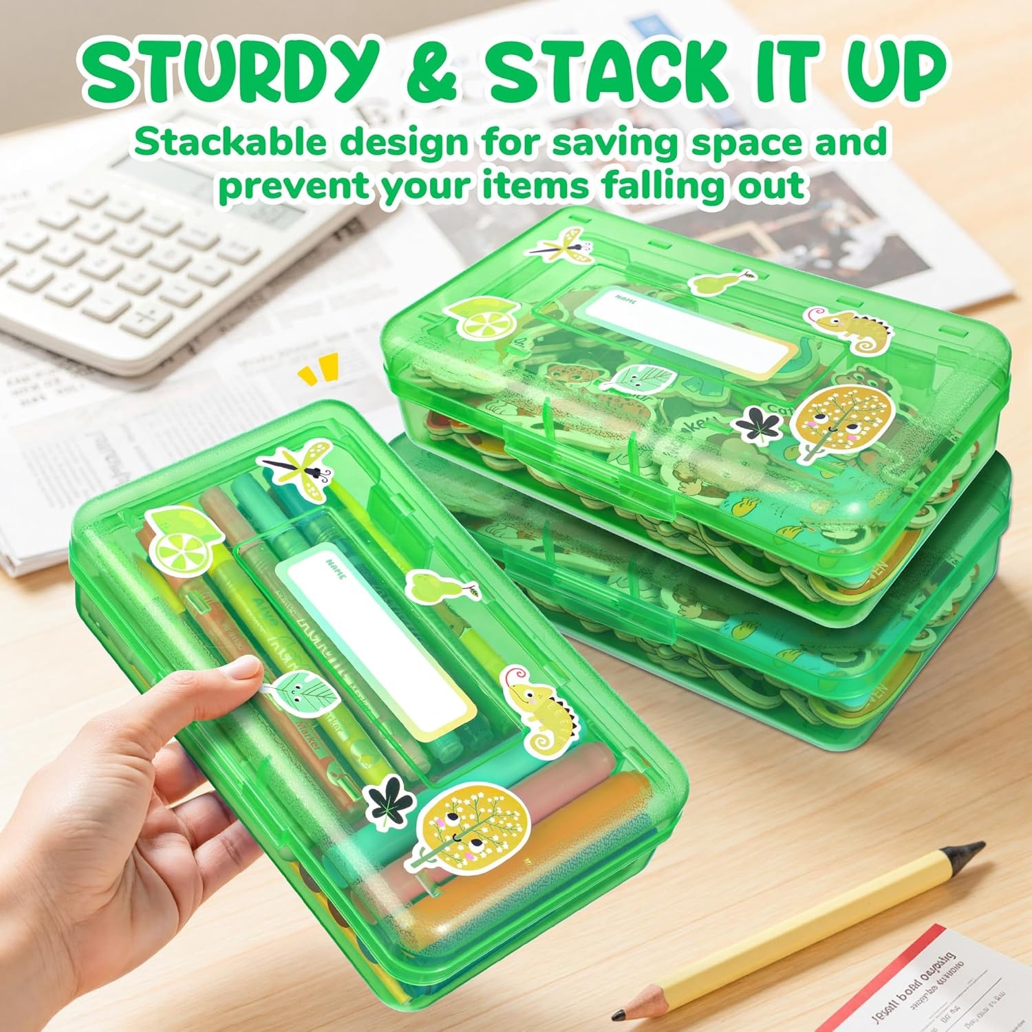 GAMENOTE Plastic Pencil Box with Personalized Sticker,Kid Hard Pencil Case with Snap-tight Lid,Small Art Craft Storage Containers,School Supplies Box for Boys,Girls (Blue)(Green)