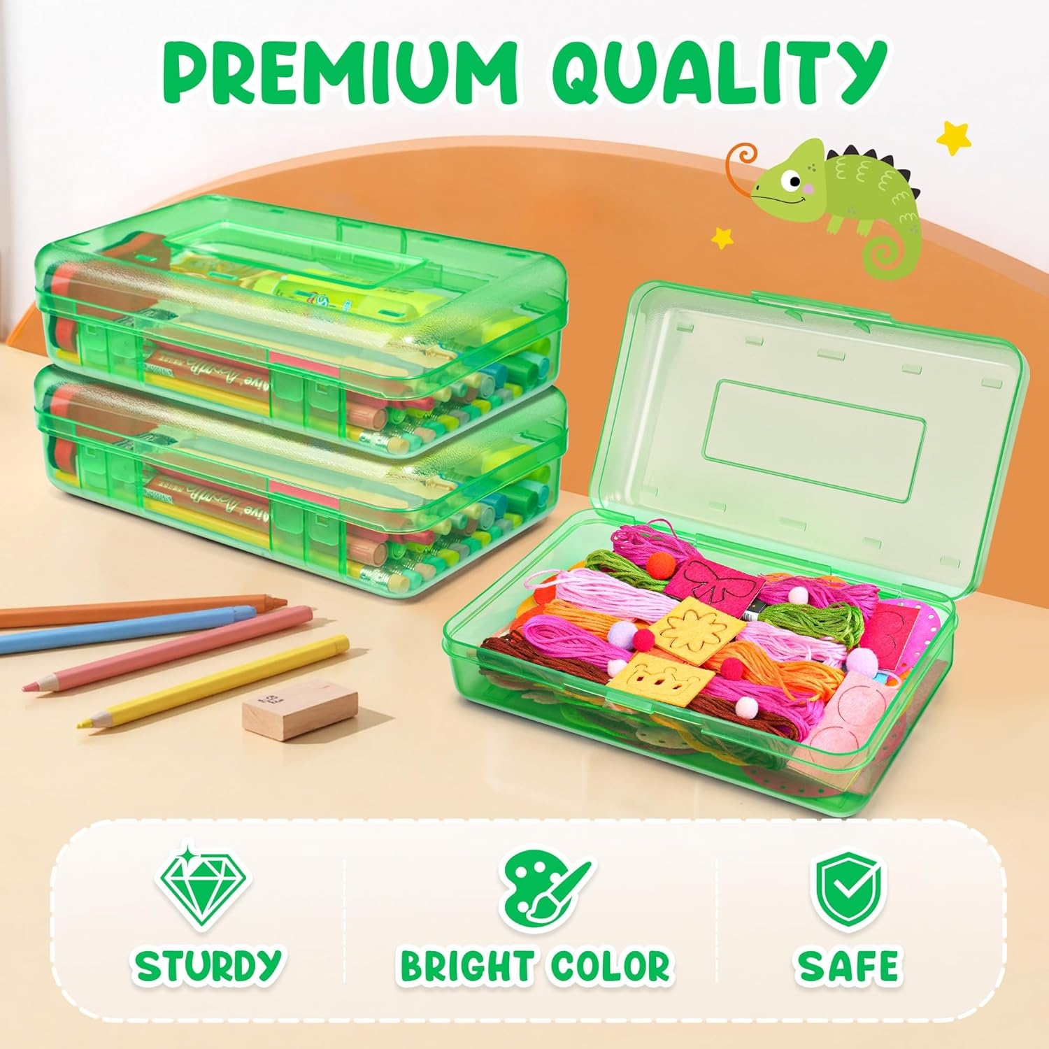GAMENOTE Plastic Pencil Box with Personalized Sticker,Kid Hard Pencil Case with Snap-tight Lid,Small Art Craft Storage Containers,School Supplies Box for Boys,Girls (Blue)(Green)