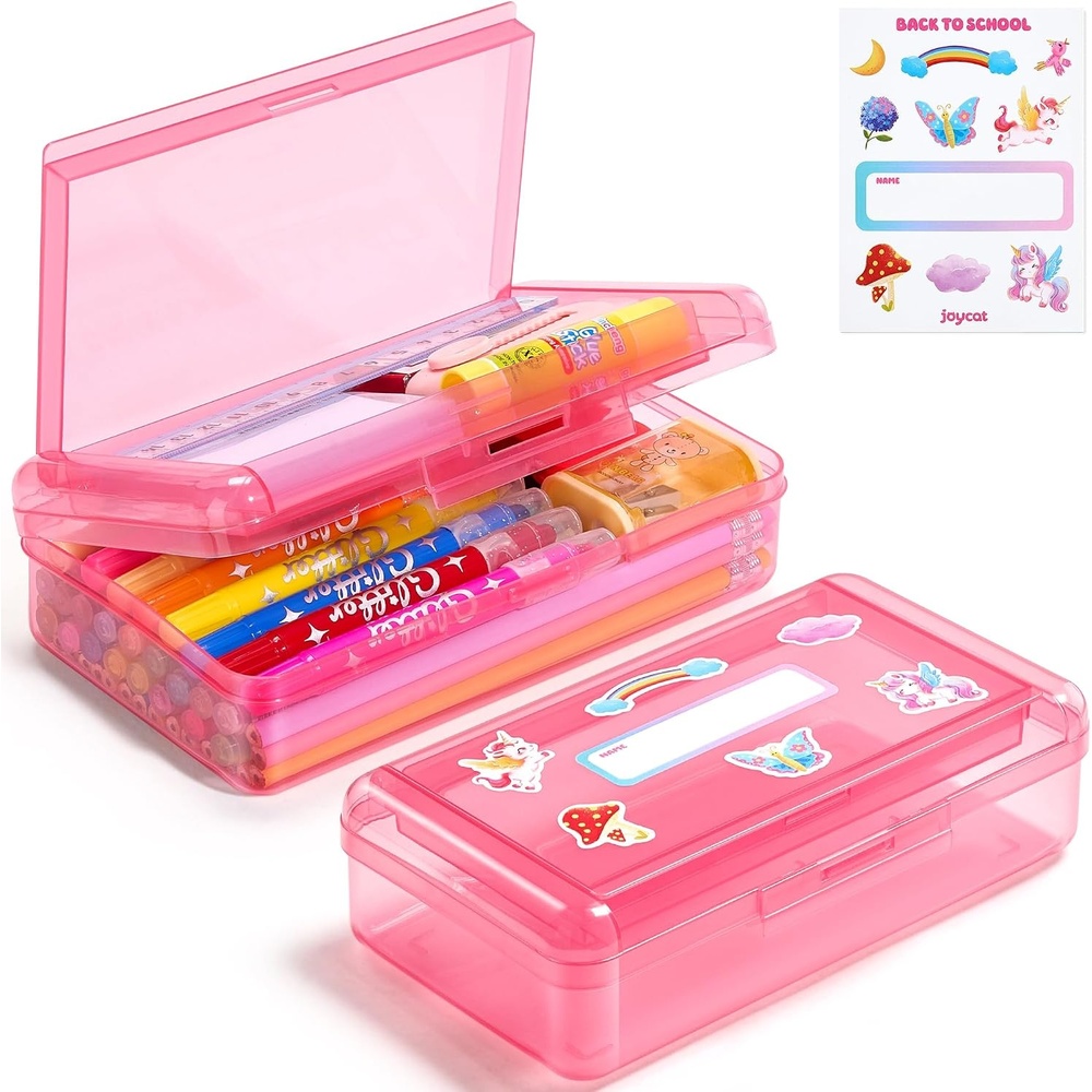 GAMENOTE Plastic Pencil Box with Personalized Sticker,Kid Hard Pencil Case with Snap-tight Lid,Small Art Craft Storage Containers,School Supplies Box for Boys,Girls ((Blue/Green/Pink) 3Pack)(Double-Layer Pink)