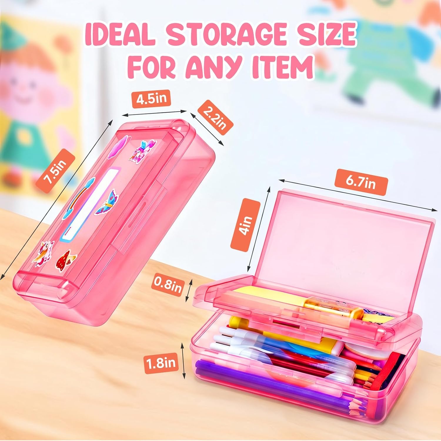 GAMENOTE Plastic Pencil Box with Personalized Sticker,Kid Hard Pencil Case with Snap-tight Lid,Small Art Craft Storage Containers,School Supplies Box for Boys,Girls ((Blue/Green/Pink) 3Pack)(Double-Layer Pink)