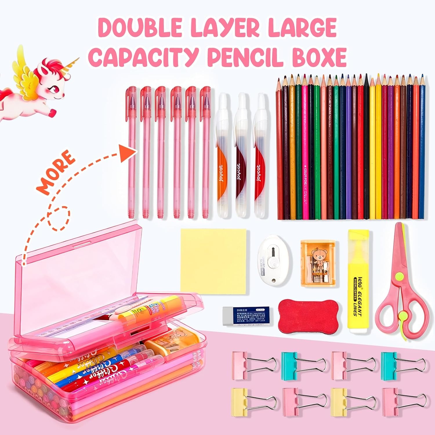 GAMENOTE Plastic Pencil Box with Personalized Sticker,Kid Hard Pencil Case with Snap-tight Lid,Small Art Craft Storage Containers,School Supplies Box for Boys,Girls ((Blue/Green/Pink) 3Pack)(Double-Layer Pink)