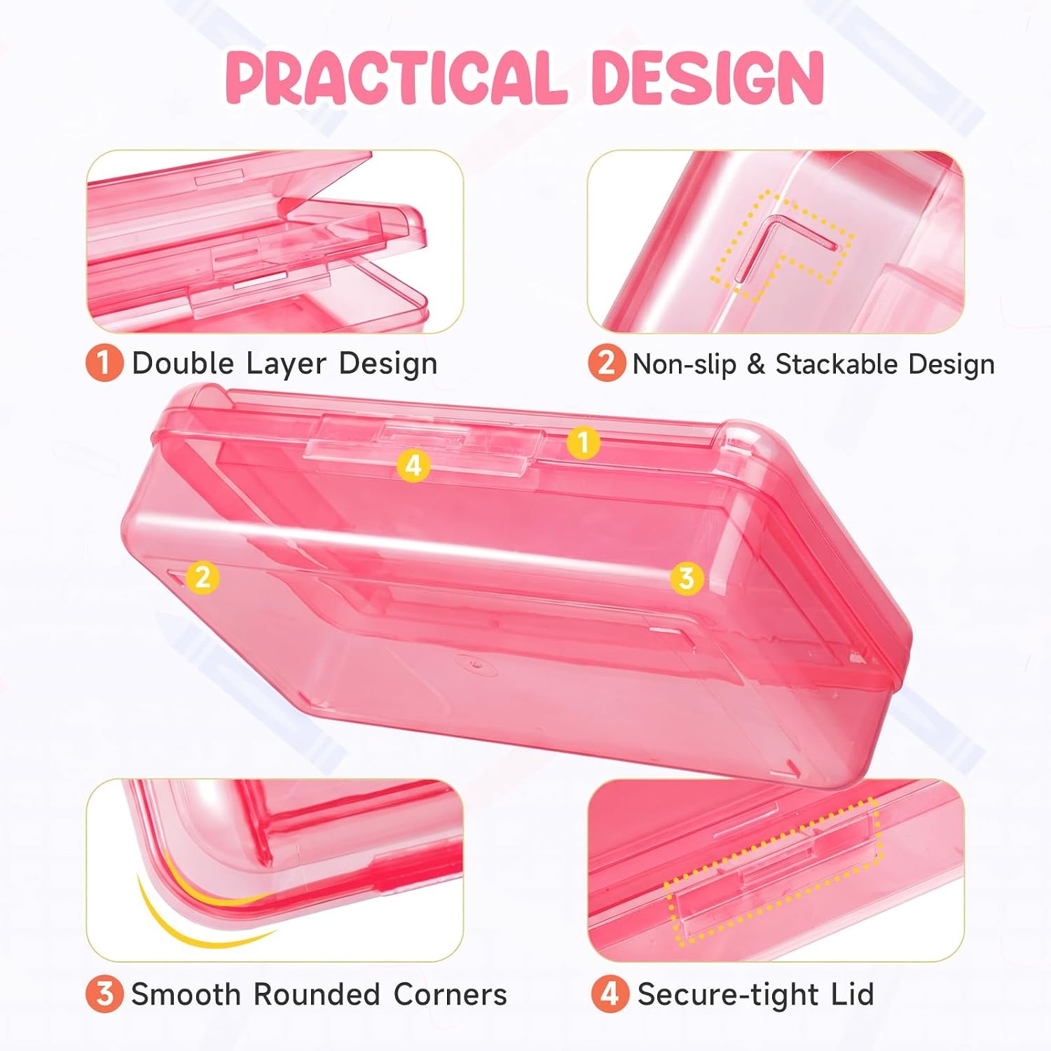 GAMENOTE Plastic Pencil Box with Personalized Sticker,Kid Hard Pencil Case with Snap-tight Lid,Small Art Craft Storage Containers,School Supplies Box for Boys,Girls ((Blue/Green/Pink) 3Pack)(Double-Layer Pink)