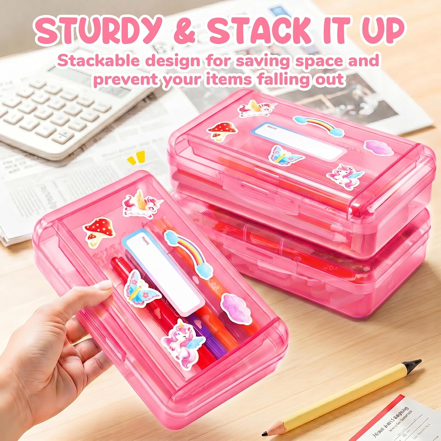 GAMENOTE Plastic Pencil Box with Personalized Sticker,Kid Hard Pencil Case with Snap-tight Lid,Small Art Craft Storage Containers,School Supplies Box for Boys,Girls ((Blue/Green/Pink) 3Pack)(Double-Layer Pink)