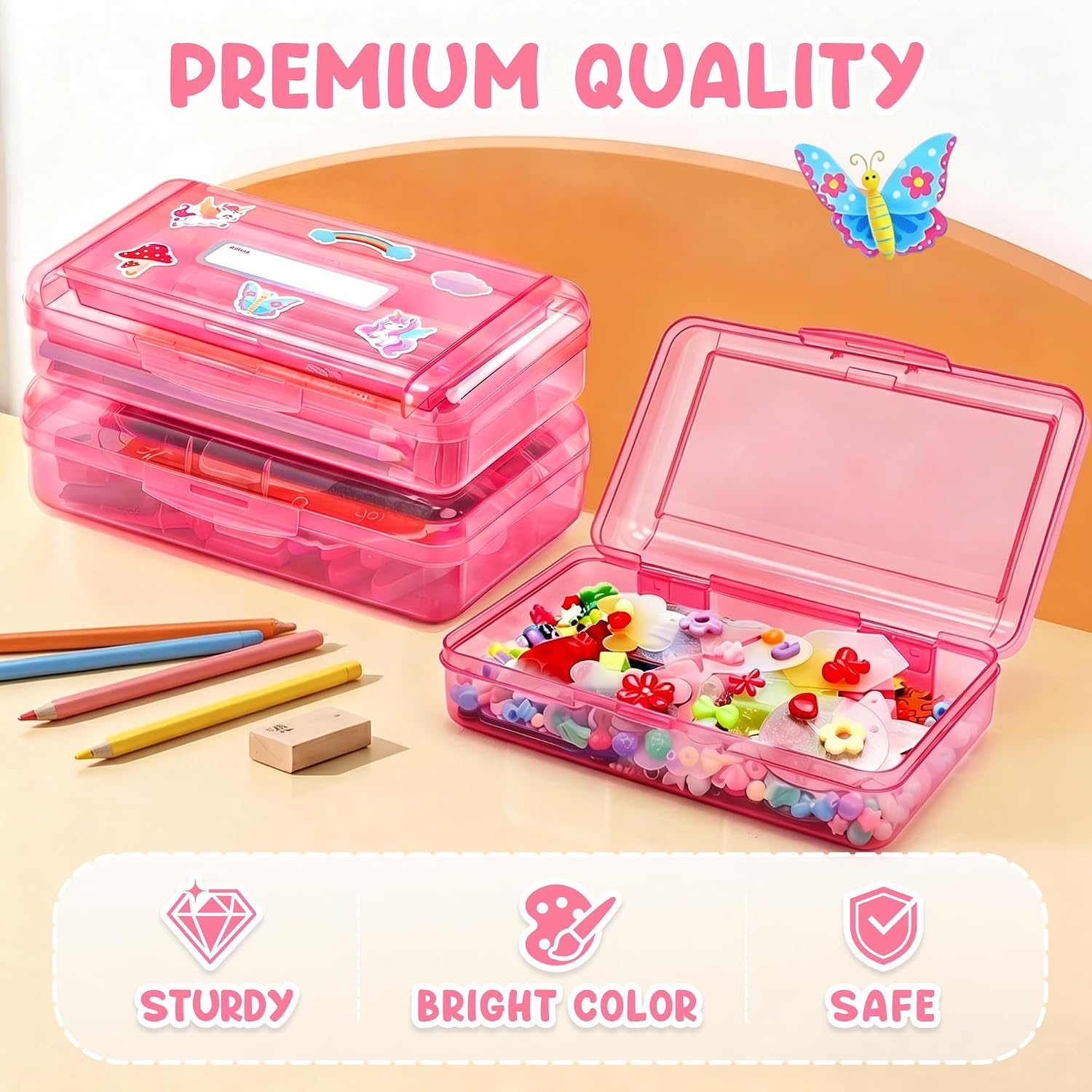GAMENOTE Plastic Pencil Box with Personalized Sticker,Kid Hard Pencil Case with Snap-tight Lid,Small Art Craft Storage Containers,School Supplies Box for Boys,Girls ((Blue/Green/Pink) 3Pack)(Double-Layer Pink)
