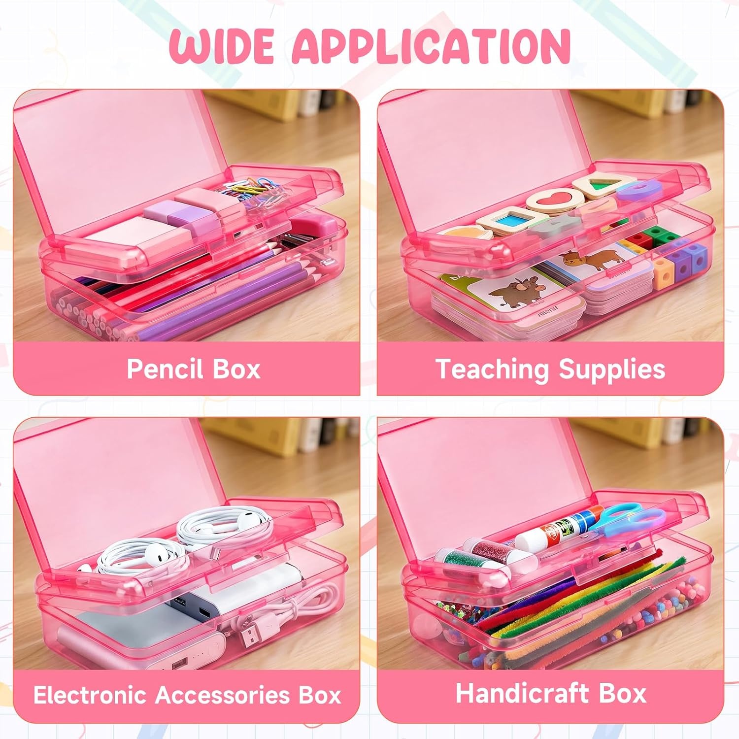 GAMENOTE Plastic Pencil Box with Personalized Sticker,Kid Hard Pencil Case with Snap-tight Lid,Small Art Craft Storage Containers,School Supplies Box for Boys,Girls ((Blue/Green/Pink) 3Pack)(Double-Layer Pink)