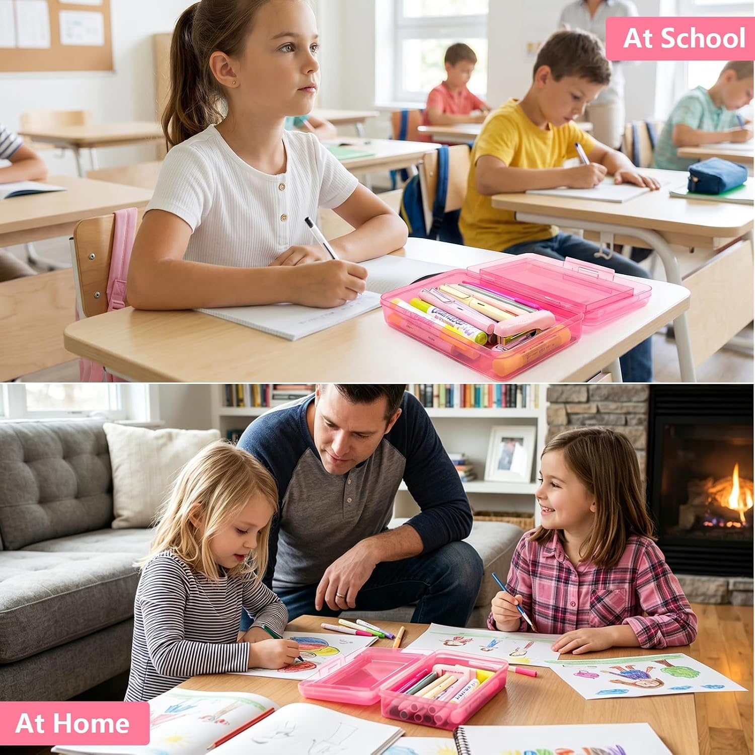 GAMENOTE Plastic Pencil Box with Personalized Sticker,Kid Hard Pencil Case with Snap-tight Lid,Small Art Craft Storage Containers,School Supplies Box for Boys,Girls ((Blue/Green/Pink) 3Pack)(Double-Layer Pink)