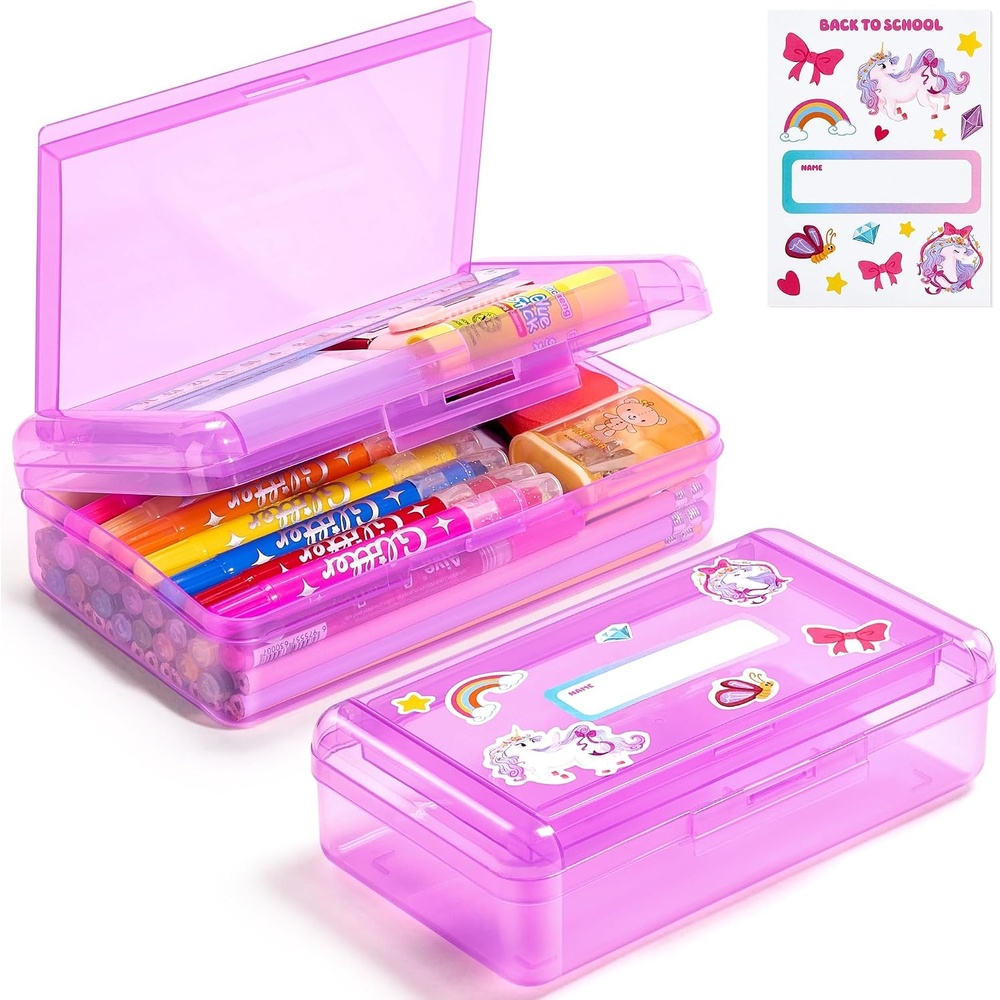 GAMENOTE Plastic Pencil Box with Personalized Sticker,Kid Hard Pencil Case with Snap-tight Lid,Small Art Craft Storage Containers,School Supplies Box for Boys,Girls ((Blue/Green/Pink) 3Pack)(Double-Layer Purple)