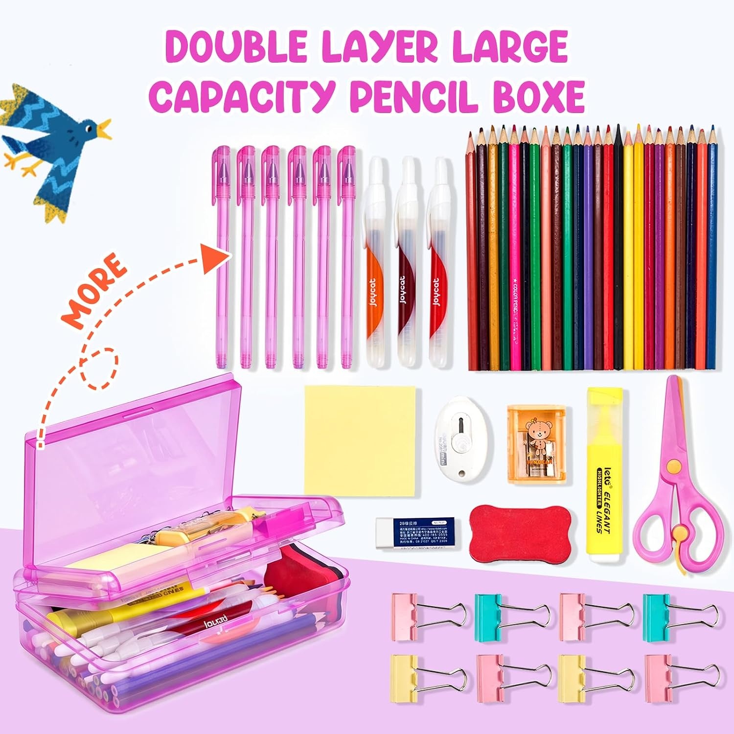 GAMENOTE Plastic Pencil Box with Personalized Sticker,Kid Hard Pencil Case with Snap-tight Lid,Small Art Craft Storage Containers,School Supplies Box for Boys,Girls ((Blue/Green/Pink) 3Pack)(Double-Layer Purple)