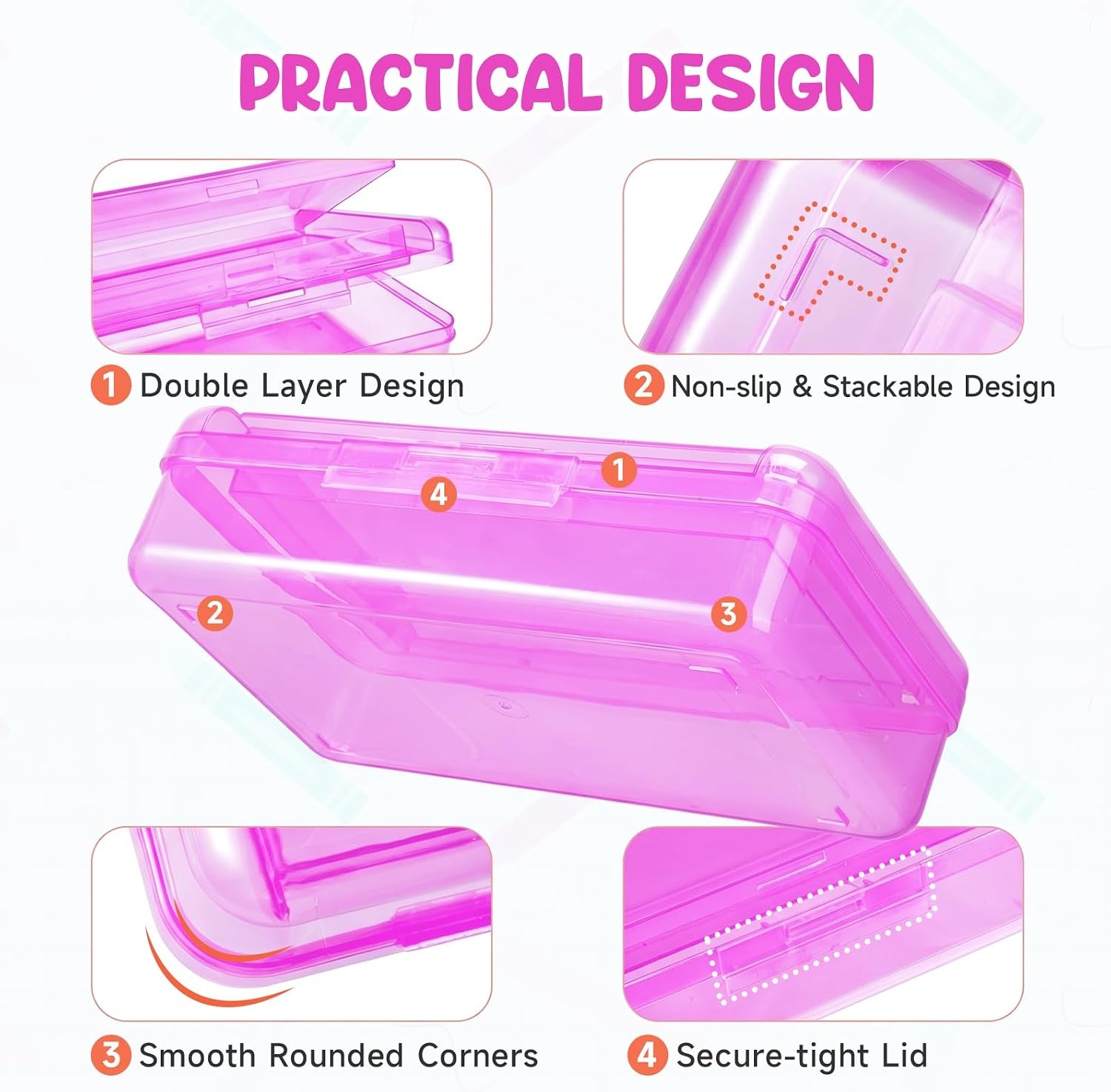 GAMENOTE Plastic Pencil Box with Personalized Sticker,Kid Hard Pencil Case with Snap-tight Lid,Small Art Craft Storage Containers,School Supplies Box for Boys,Girls ((Blue/Green/Pink) 3Pack)(Double-Layer Purple)
