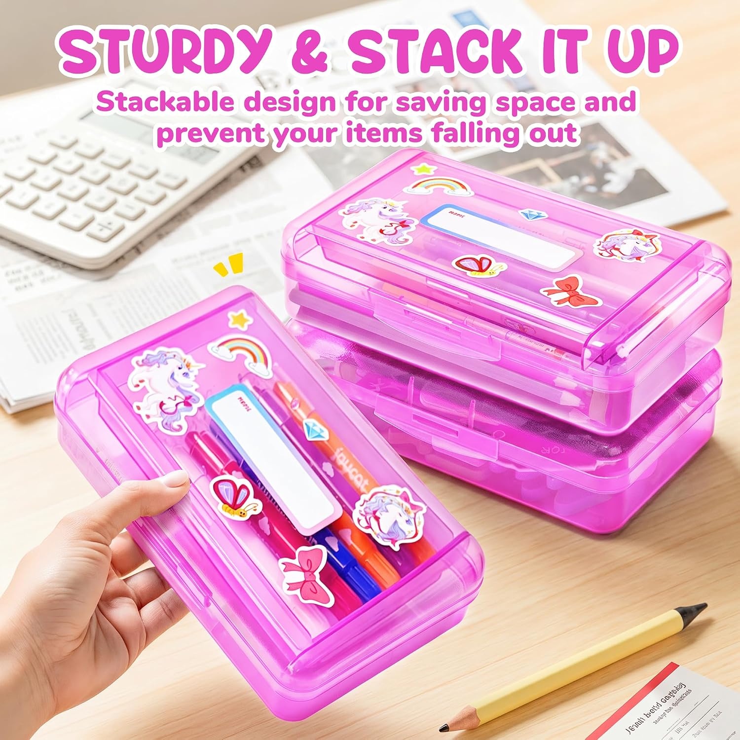 GAMENOTE Plastic Pencil Box with Personalized Sticker,Kid Hard Pencil Case with Snap-tight Lid,Small Art Craft Storage Containers,School Supplies Box for Boys,Girls ((Blue/Green/Pink) 3Pack)(Double-Layer Purple)