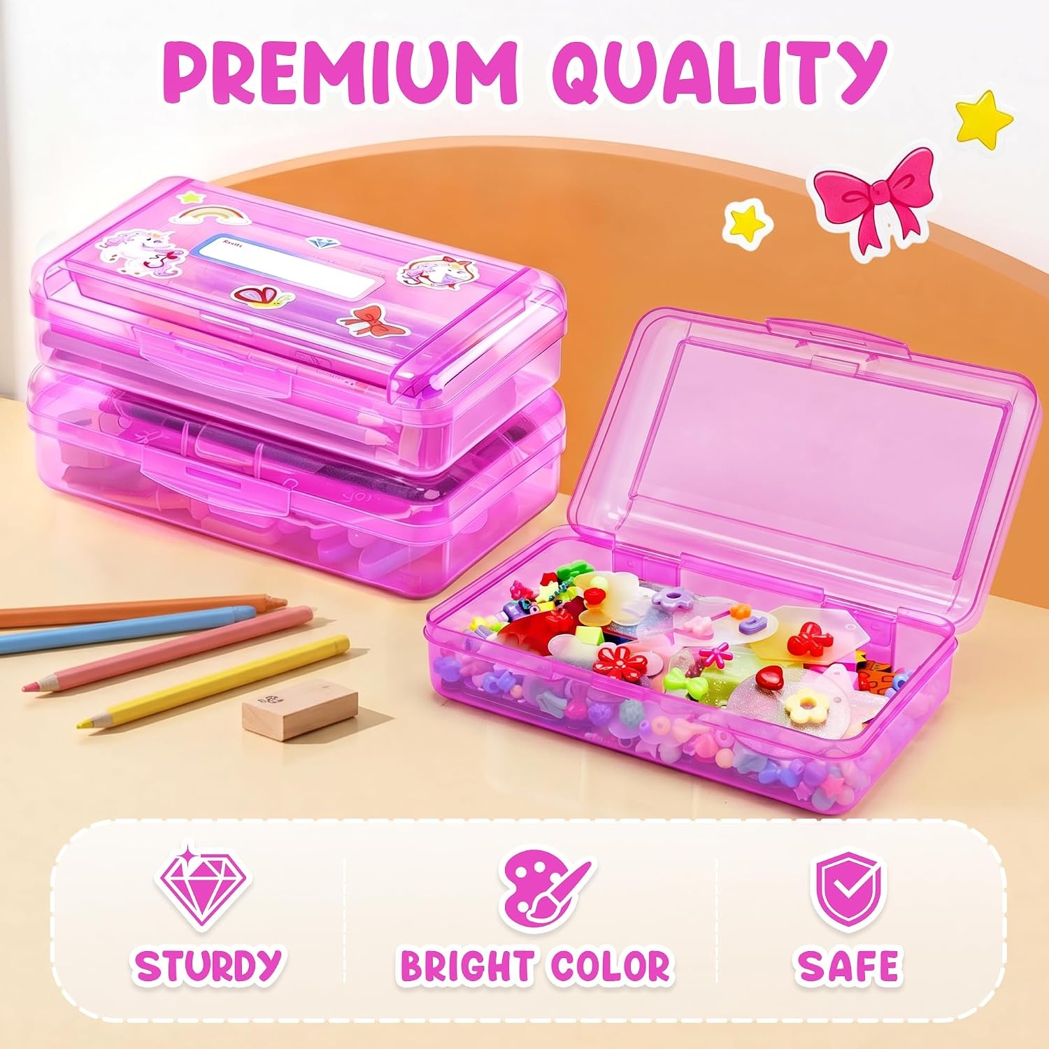 GAMENOTE Plastic Pencil Box with Personalized Sticker,Kid Hard Pencil Case with Snap-tight Lid,Small Art Craft Storage Containers,School Supplies Box for Boys,Girls ((Blue/Green/Pink) 3Pack)(Double-Layer Purple)