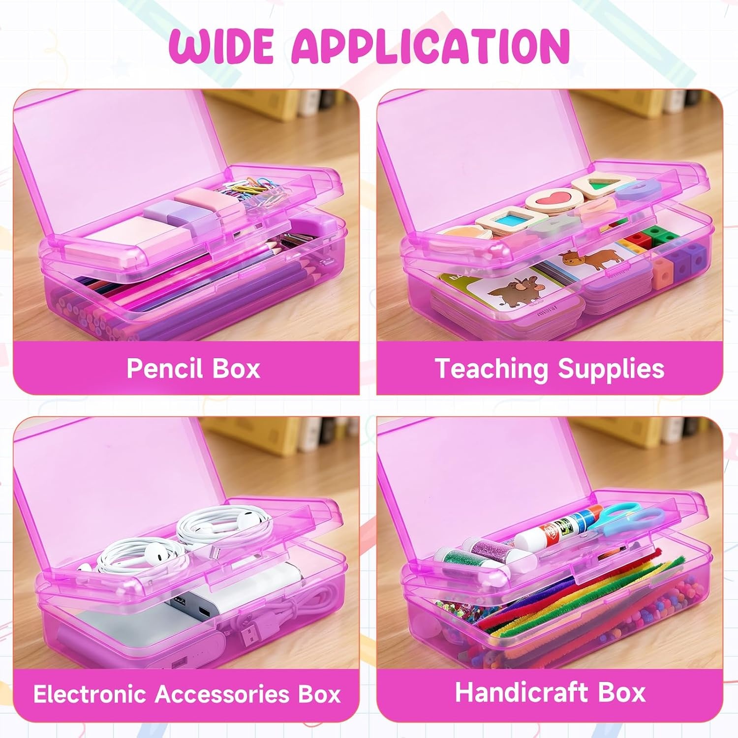 GAMENOTE Plastic Pencil Box with Personalized Sticker,Kid Hard Pencil Case with Snap-tight Lid,Small Art Craft Storage Containers,School Supplies Box for Boys,Girls ((Blue/Green/Pink) 3Pack)(Double-Layer Purple)