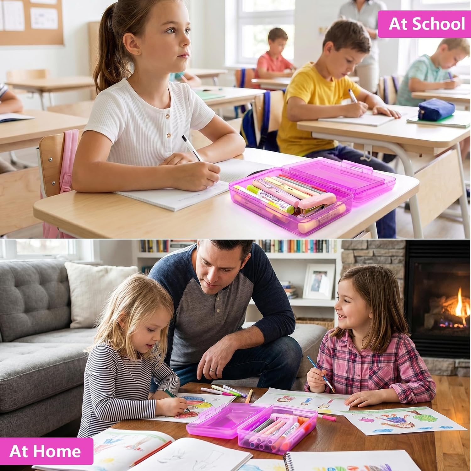 GAMENOTE Plastic Pencil Box with Personalized Sticker,Kid Hard Pencil Case with Snap-tight Lid,Small Art Craft Storage Containers,School Supplies Box for Boys,Girls ((Blue/Green/Pink) 3Pack)(Double-Layer Purple)